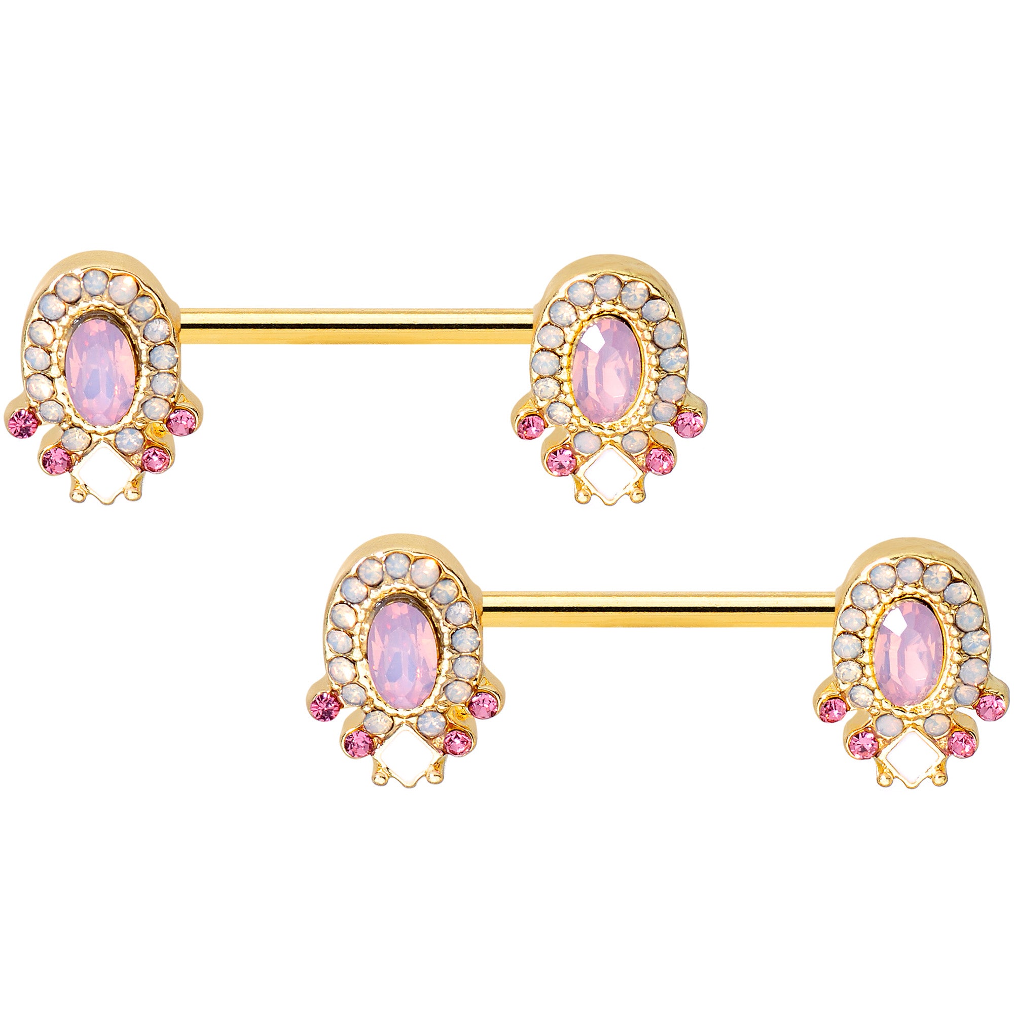 14 Gauge 9/16 Pink Gem White Faux Opal Gold Tone Barbell Nipple Set