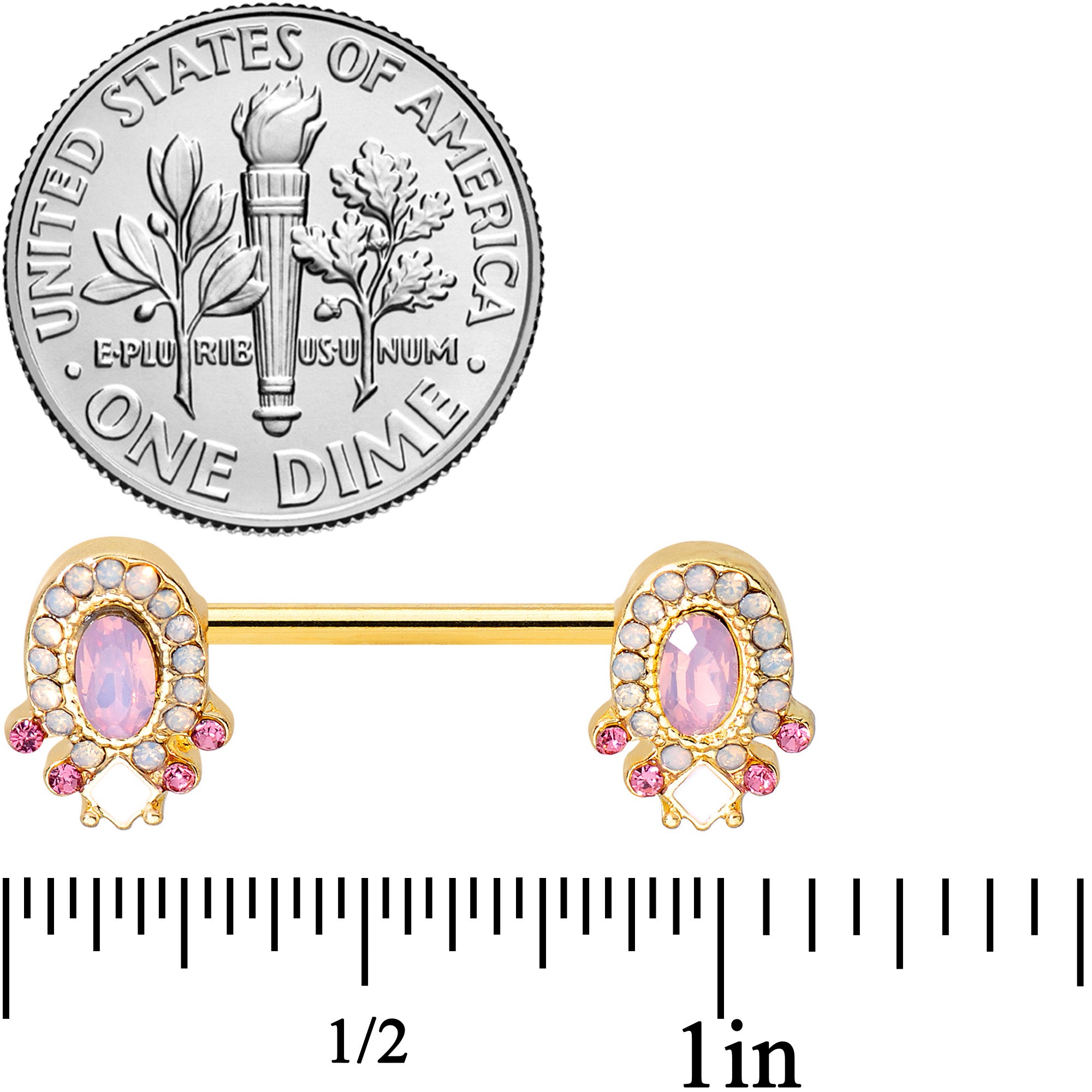 14 Gauge 9/16 Pink Gem White Faux Opal Gold Tone Barbell Nipple Set