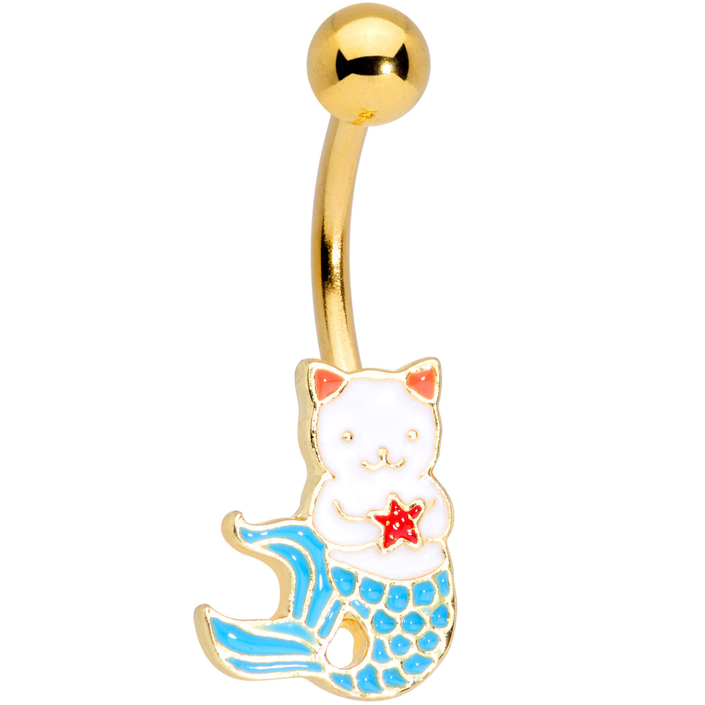 Gold Tone Blue Star Kitty Cat Mermaid Belly Ring