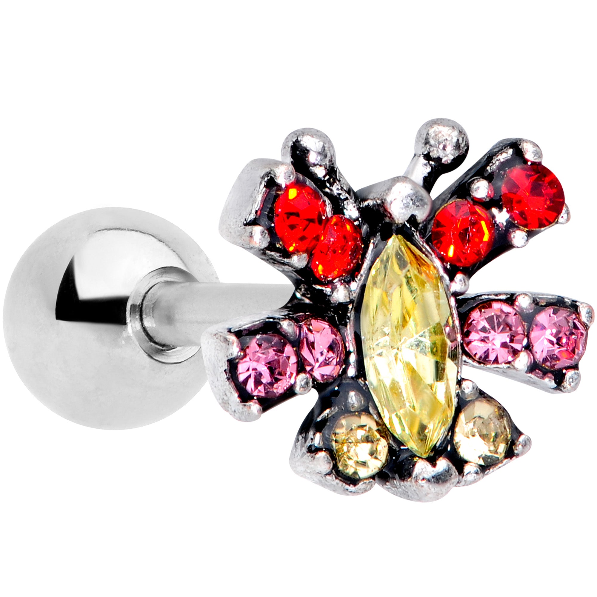 16 Gauge 1/4 Red Yellow Gem Art Deco Butterfly Cartilage Tragus