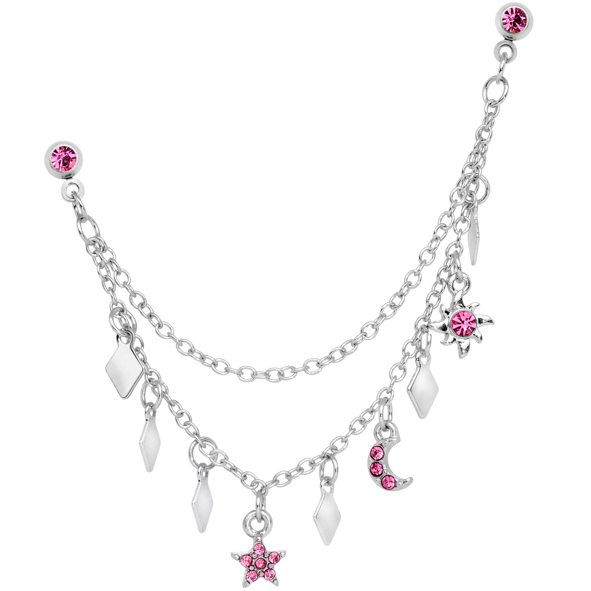 16 Gauge 1/4 Pink Gem Moon Star Sun Dangle Cartilage Chain Earring