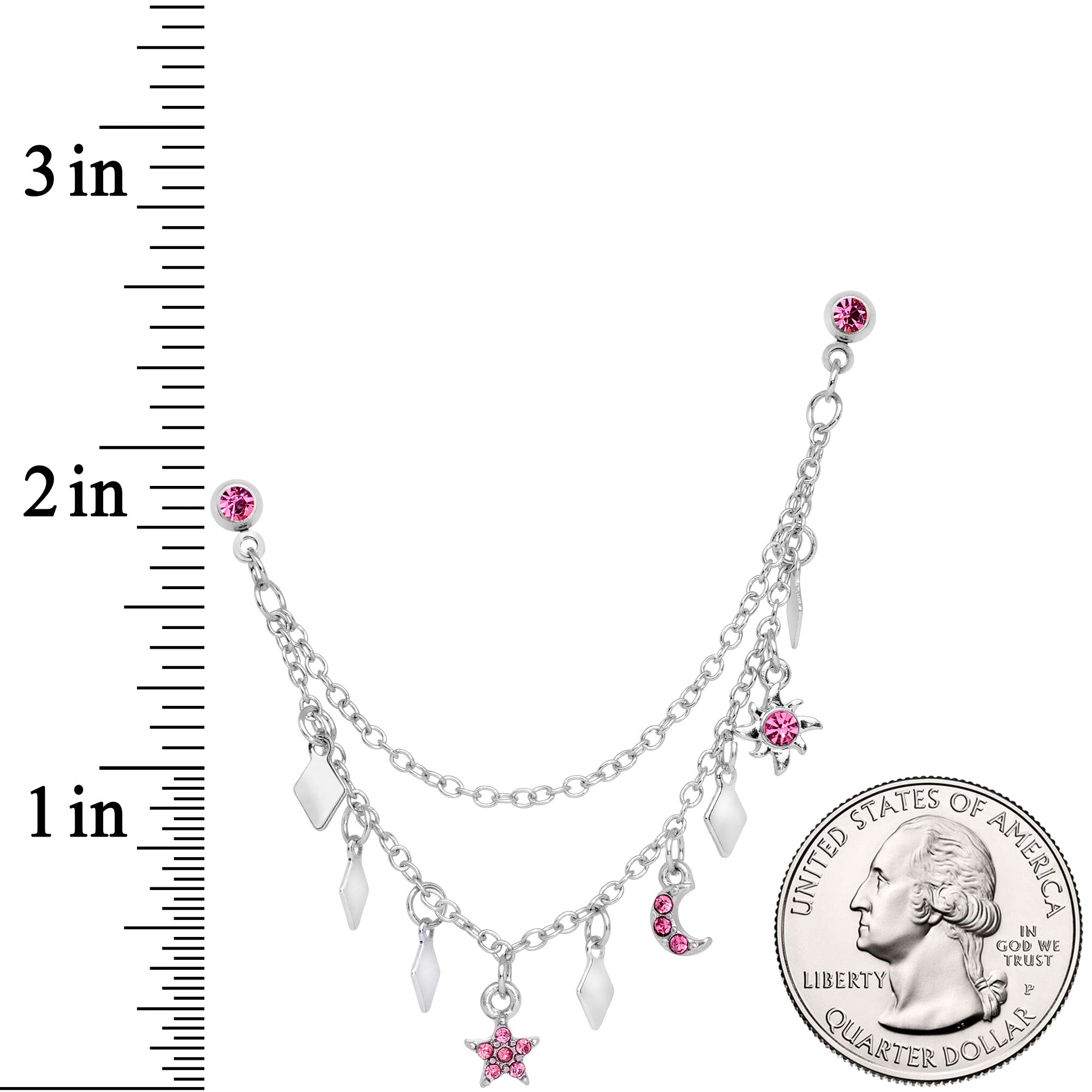 16 Gauge 1/4 Pink Gem Moon Star Sun Dangle Cartilage Chain Earring