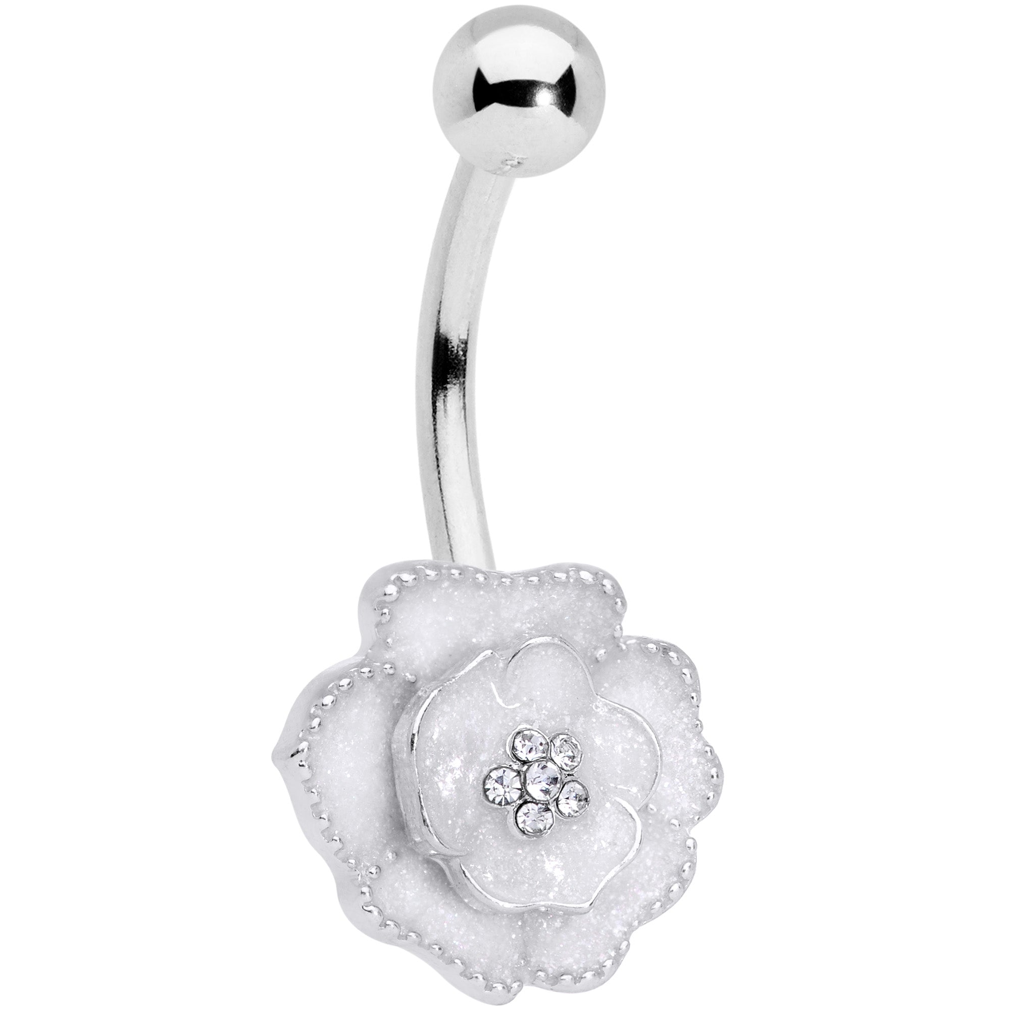 Clear Gem White Rose Reversible Belly Ring