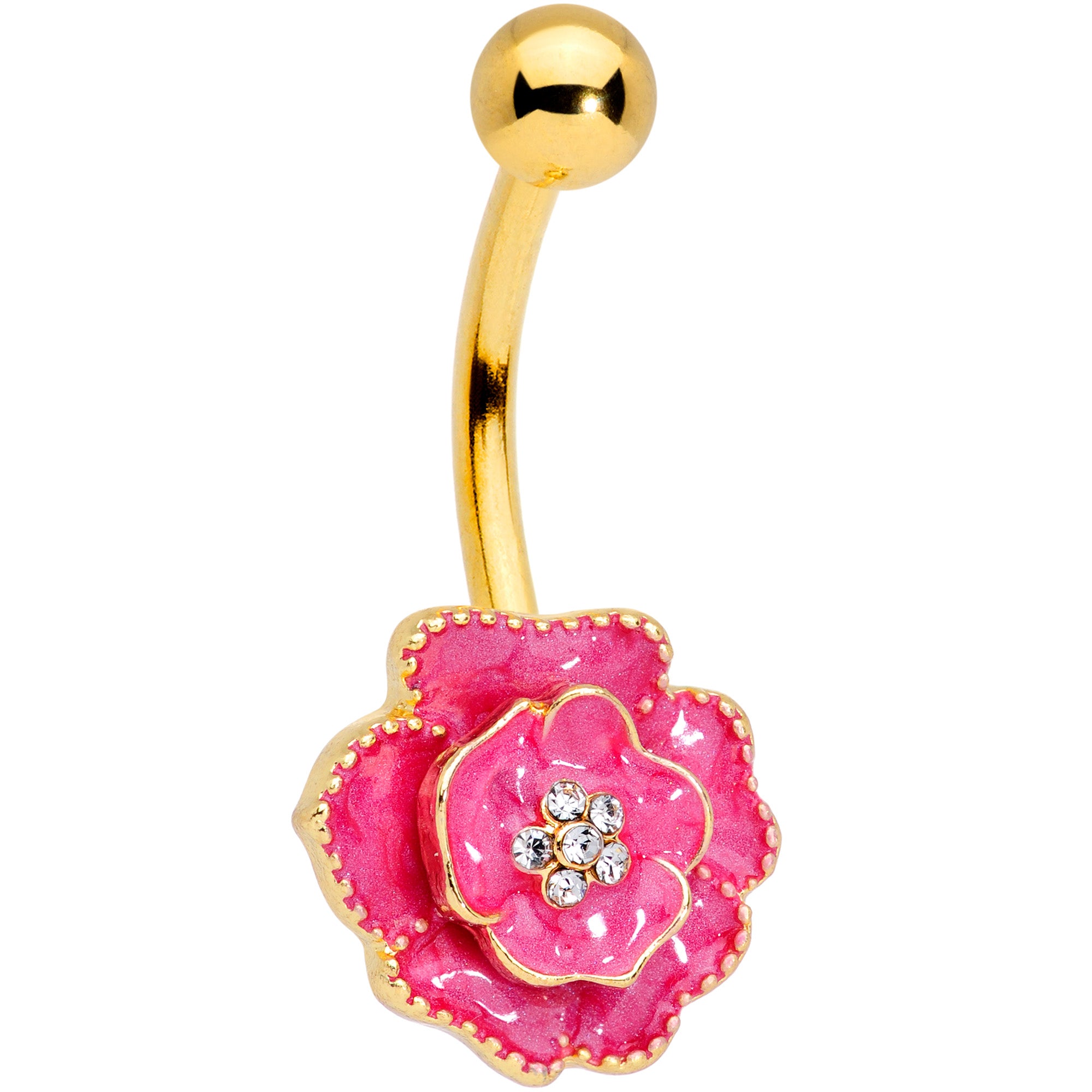 Clear Gem Gold Tone Pink Rose Reversible Belly Ring