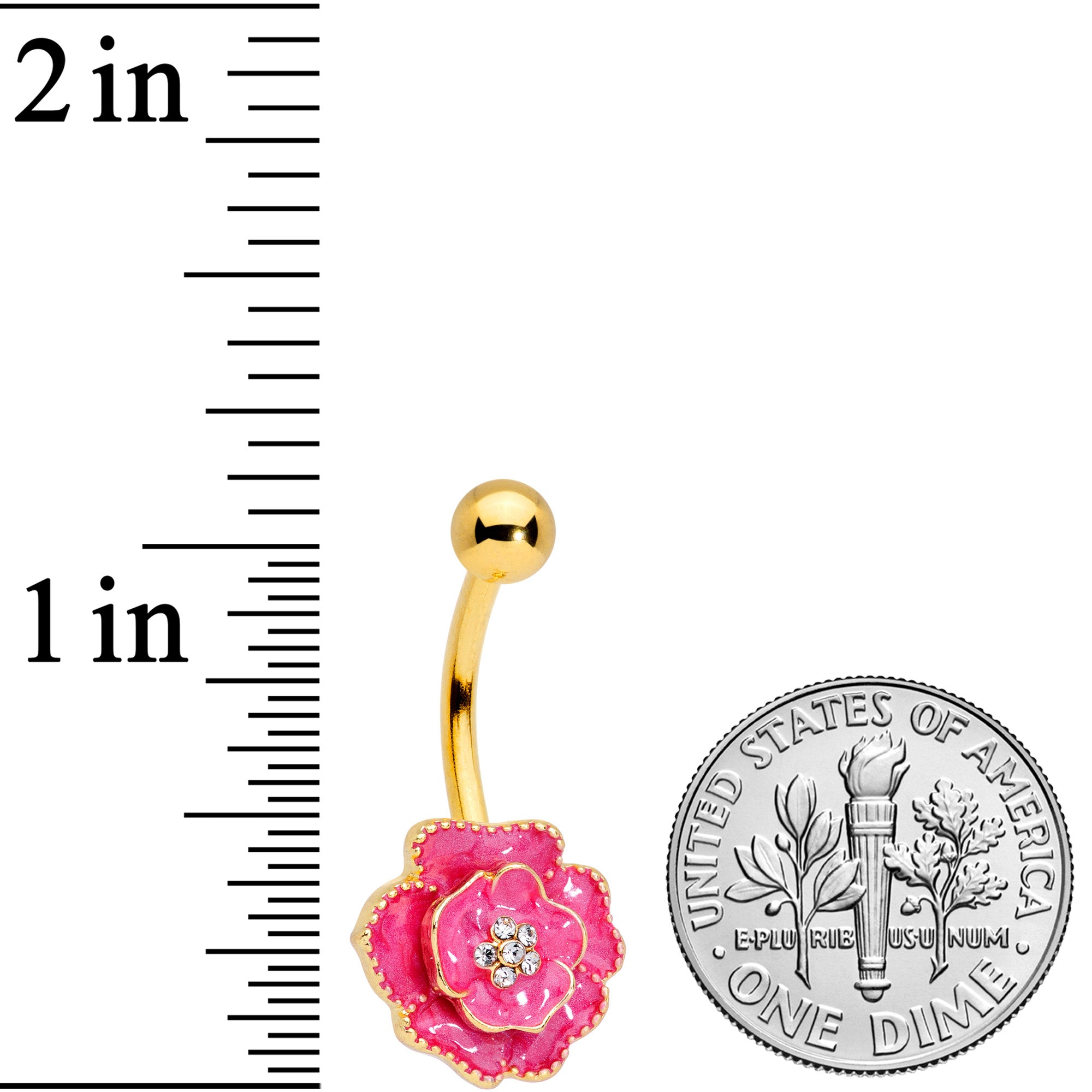 Clear Gem Gold Tone Pink Rose Reversible Belly Ring