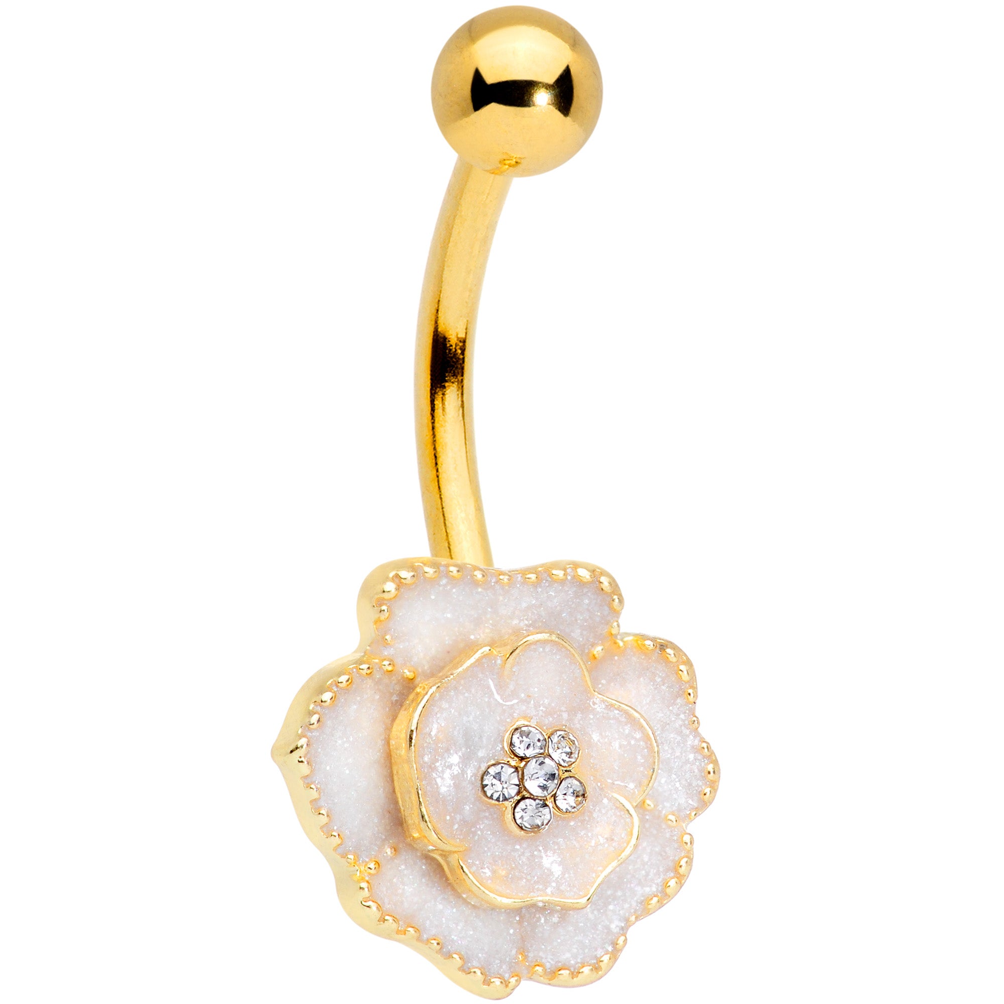 Clear Gem Gold Tone White Rose Reversible Belly Ring