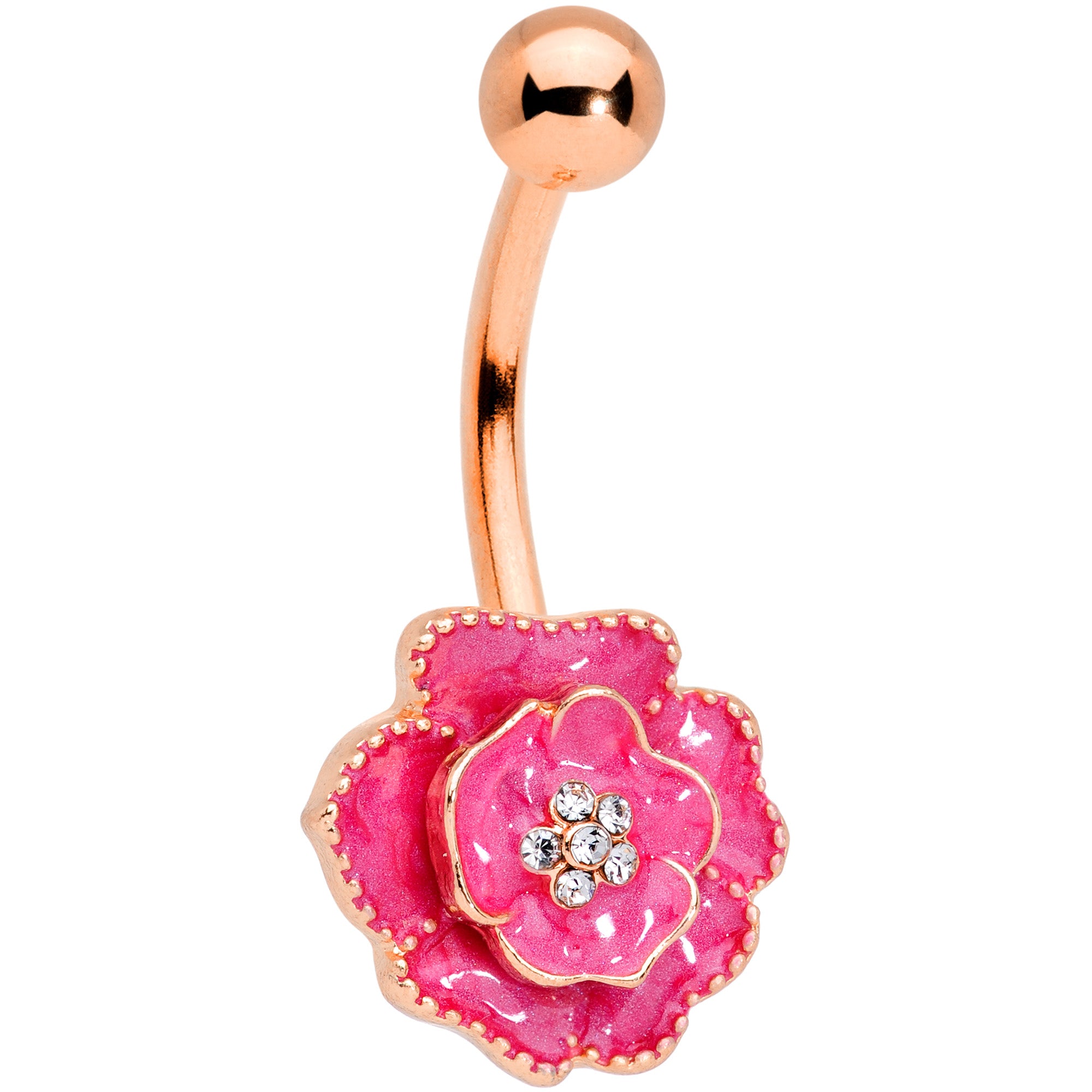 Clear Gem Rose Gold Tone Pink Rose Reversible Belly Ring