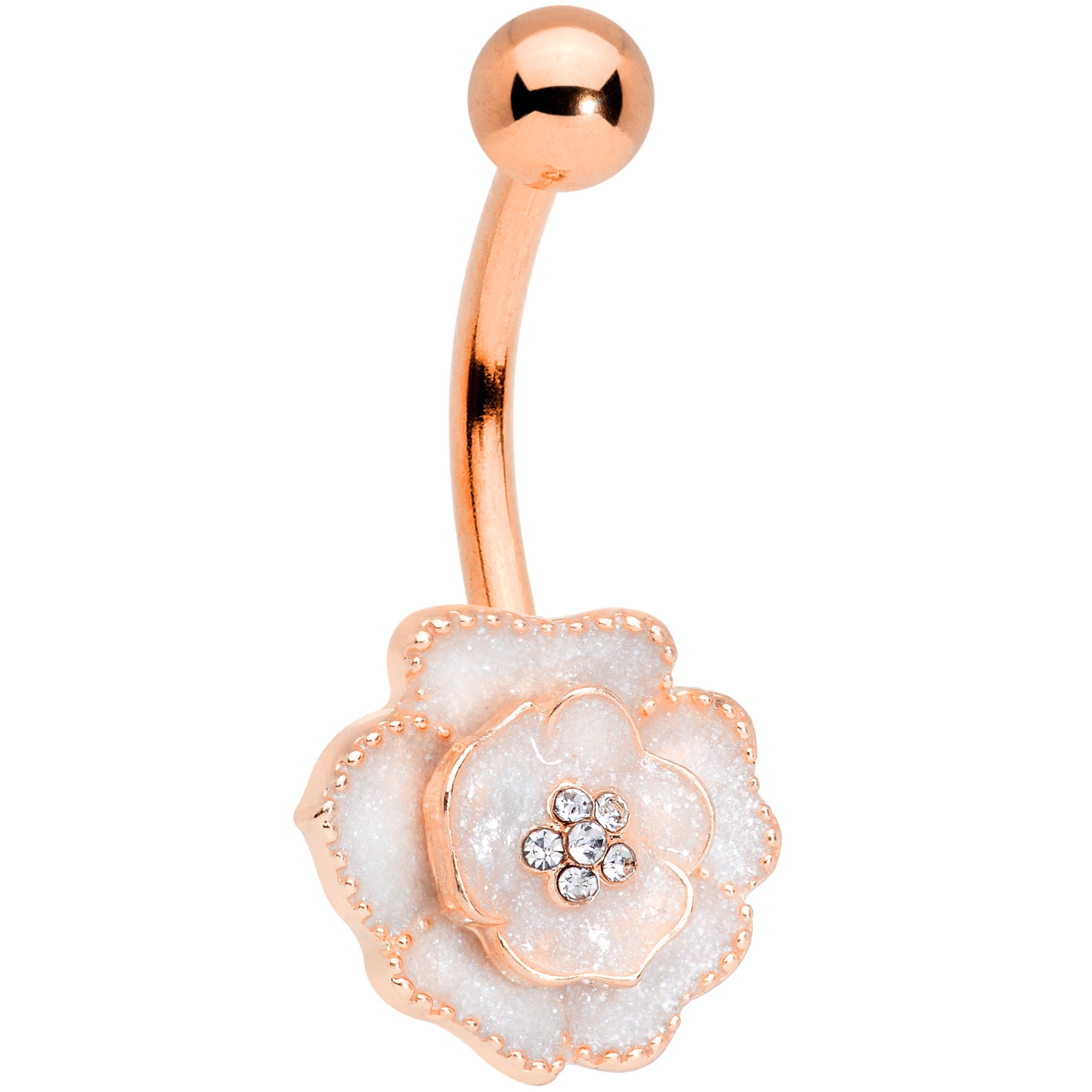 Clear Gem Rose Gold Tone White Rose Reversible Belly Ring