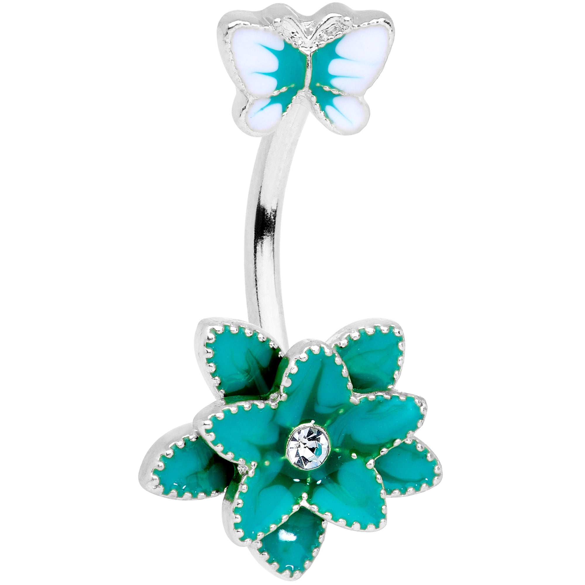 Clear Gem Aqua Flower Butterfly Double Mount Belly Ring