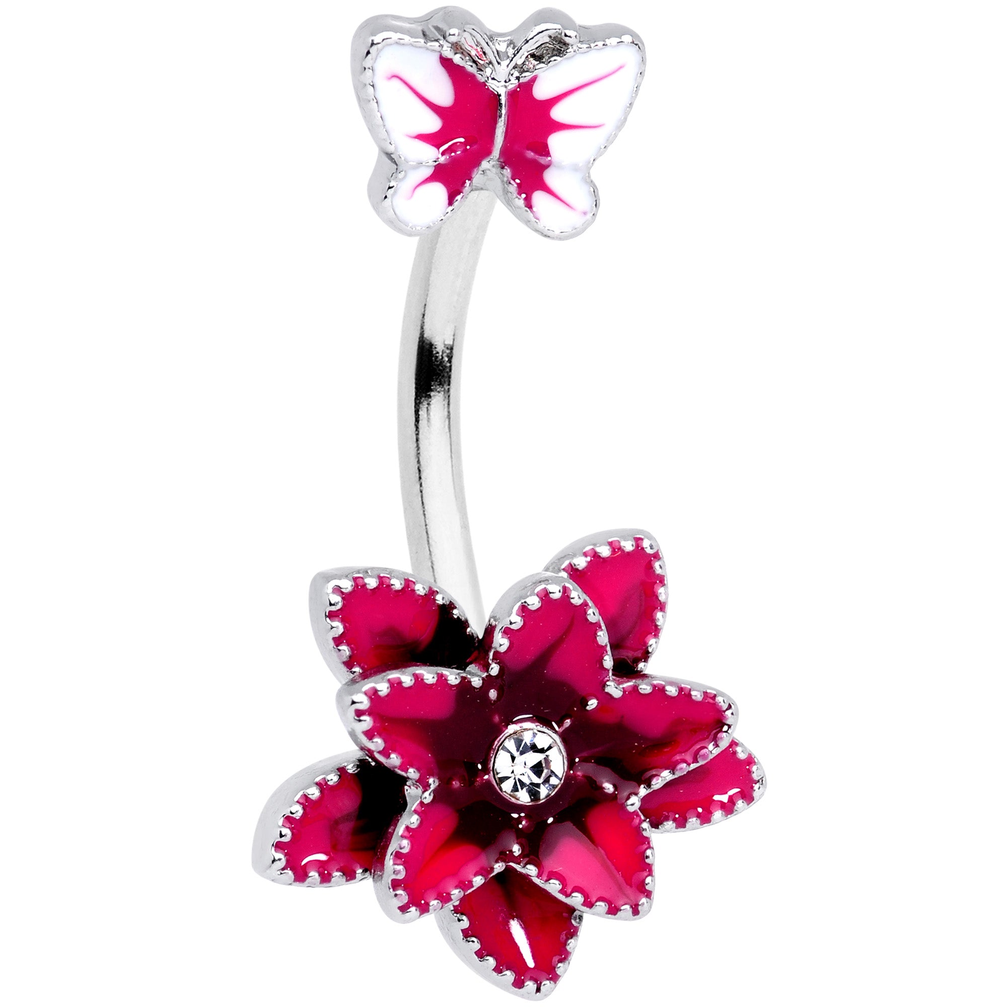 Clear Gem Pink Flower Butterfly Double Mount Belly Ring