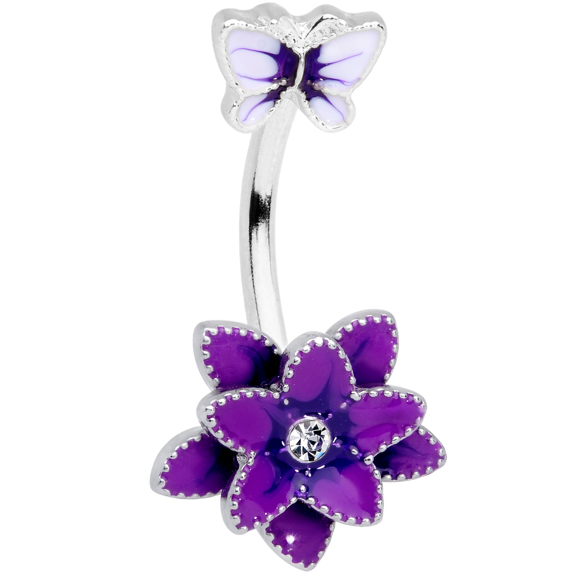 Clear Gem Purple Flower Butterfly Double Mount Belly Ring