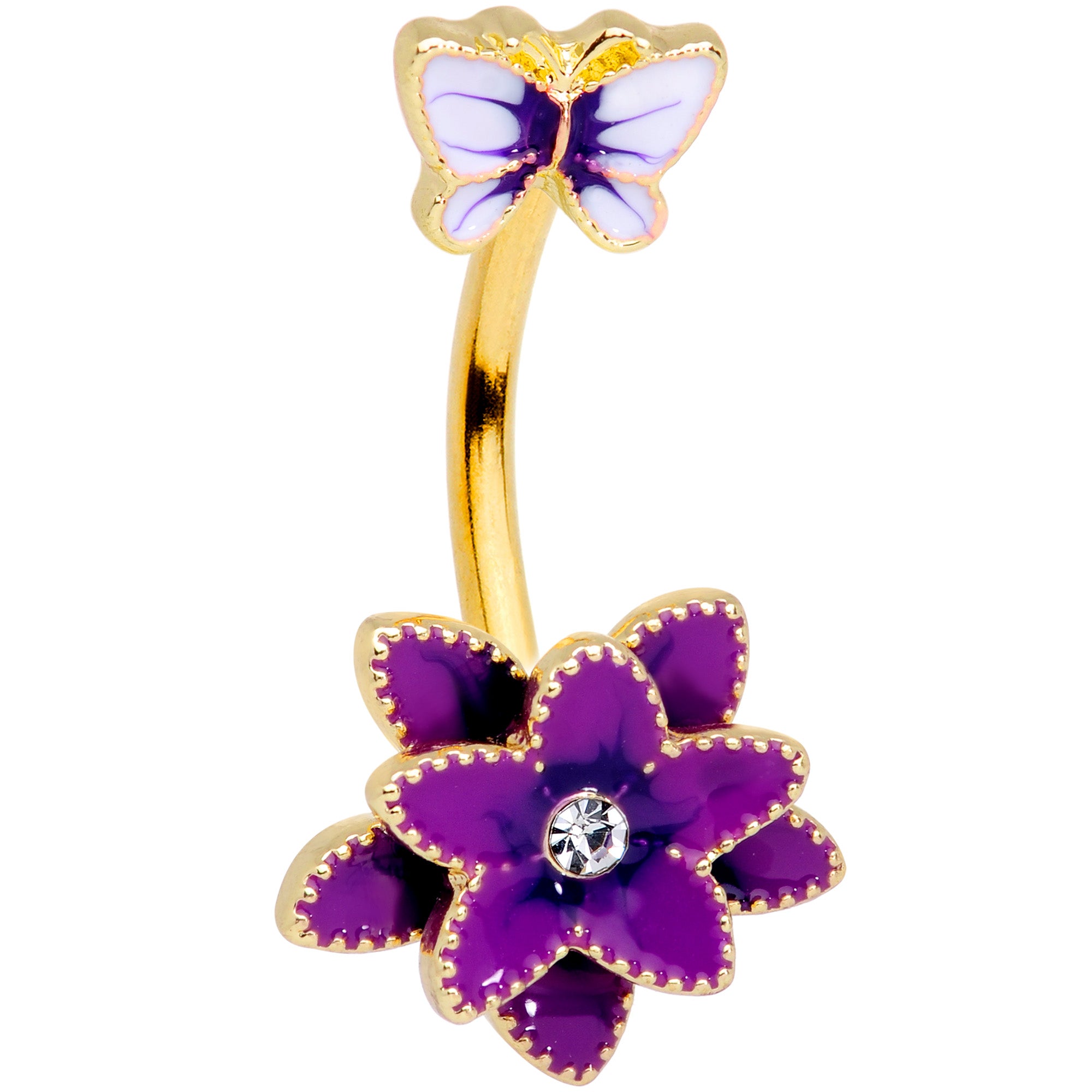 Clear Gem Gold Tone Purple Flower Butterfly Double Mount Belly Ring