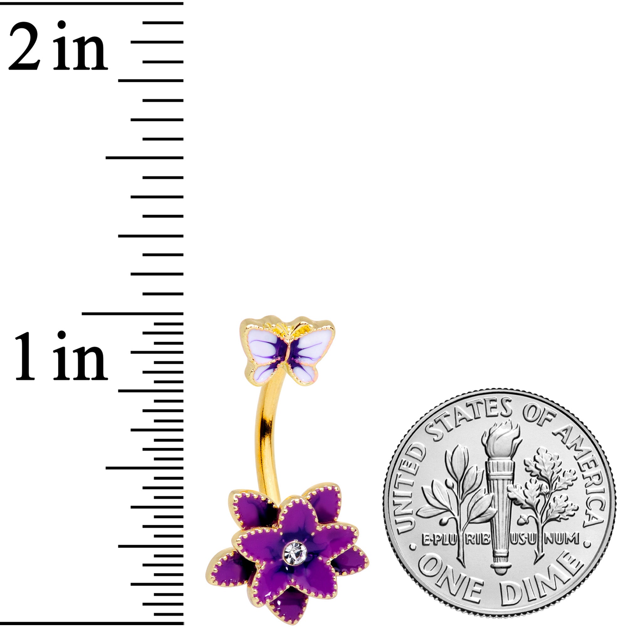 Clear Gem Gold Tone Purple Flower Butterfly Double Mount Belly Ring