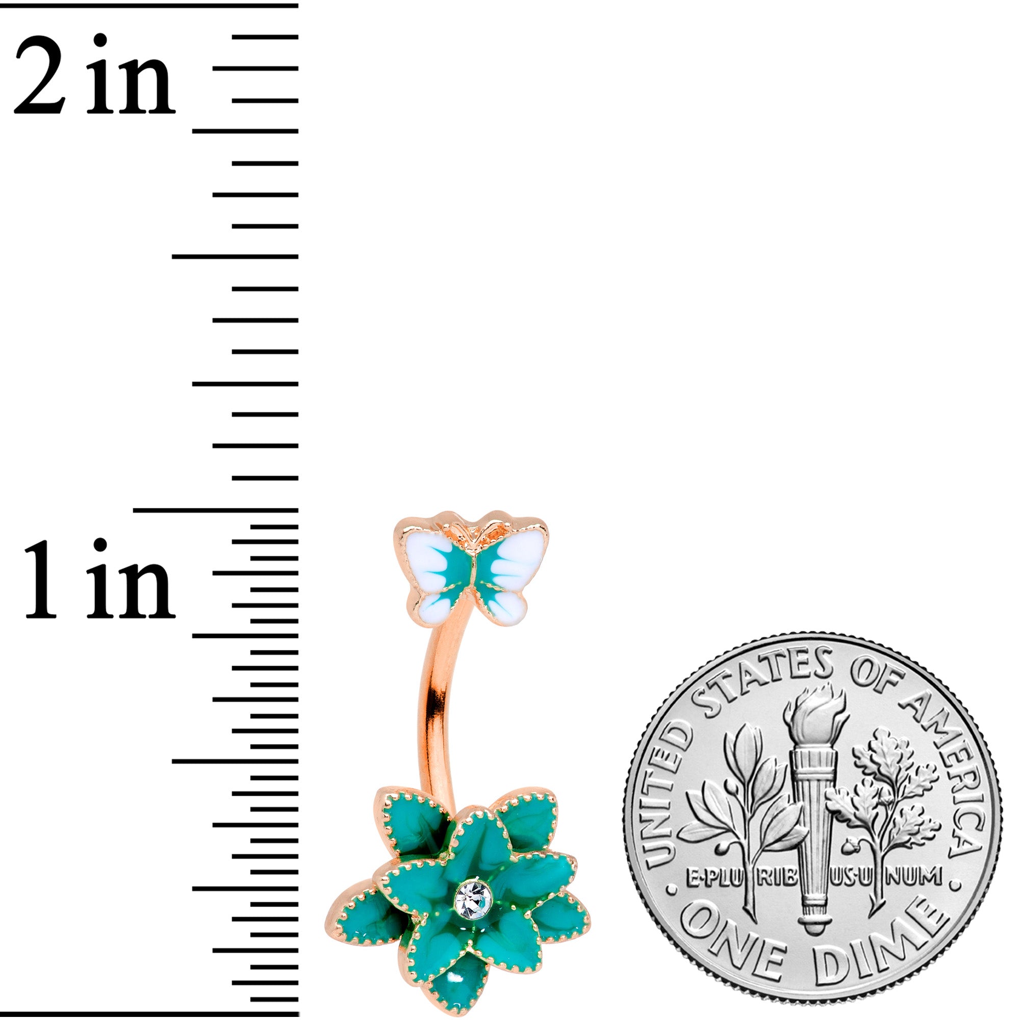 Clear Gem Rose Gold Tone Blue Flower Butterfly Double Mount Belly Ring