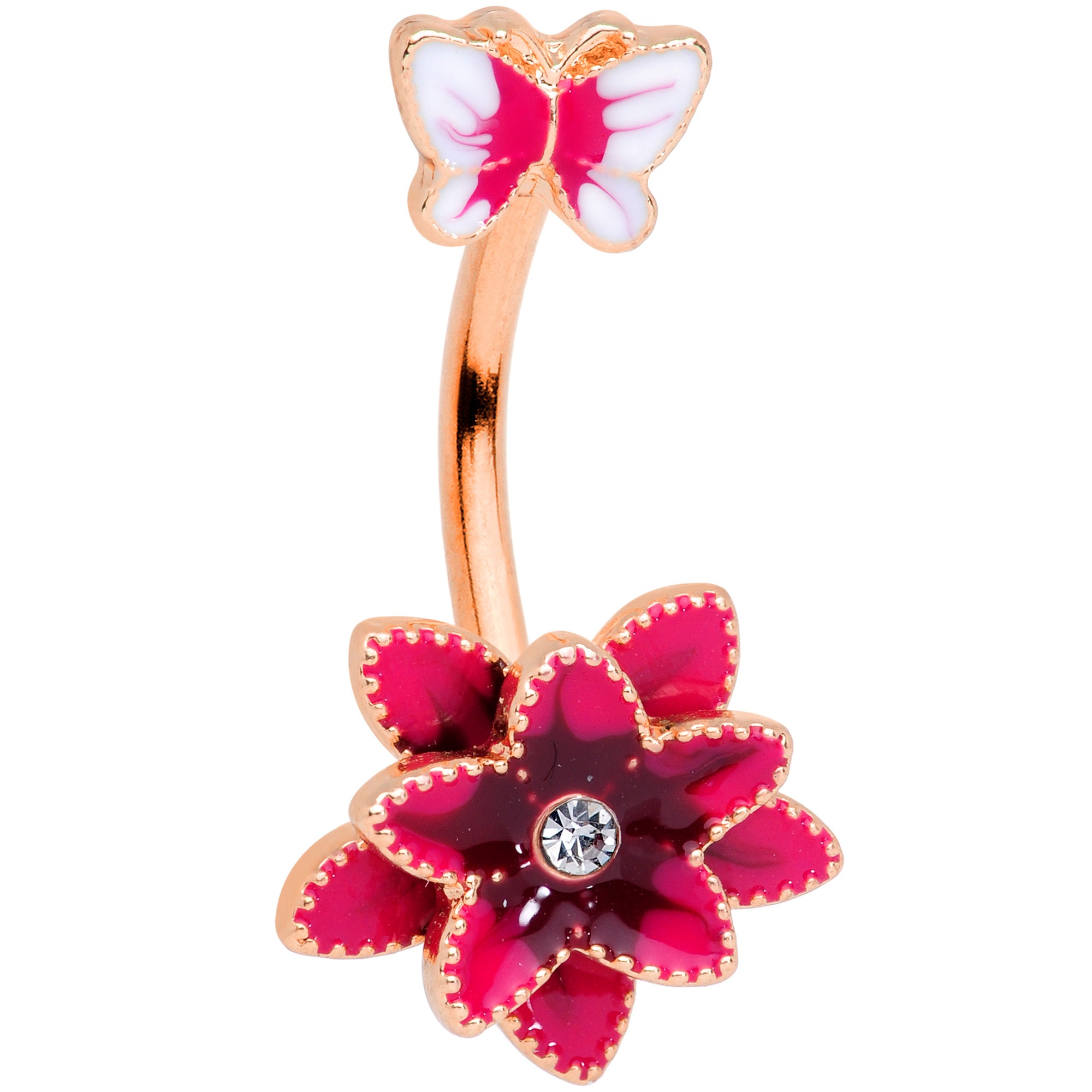 Clear Gem Rose Gold Tone Pink Flower Butterfly Double Mount Belly Ring