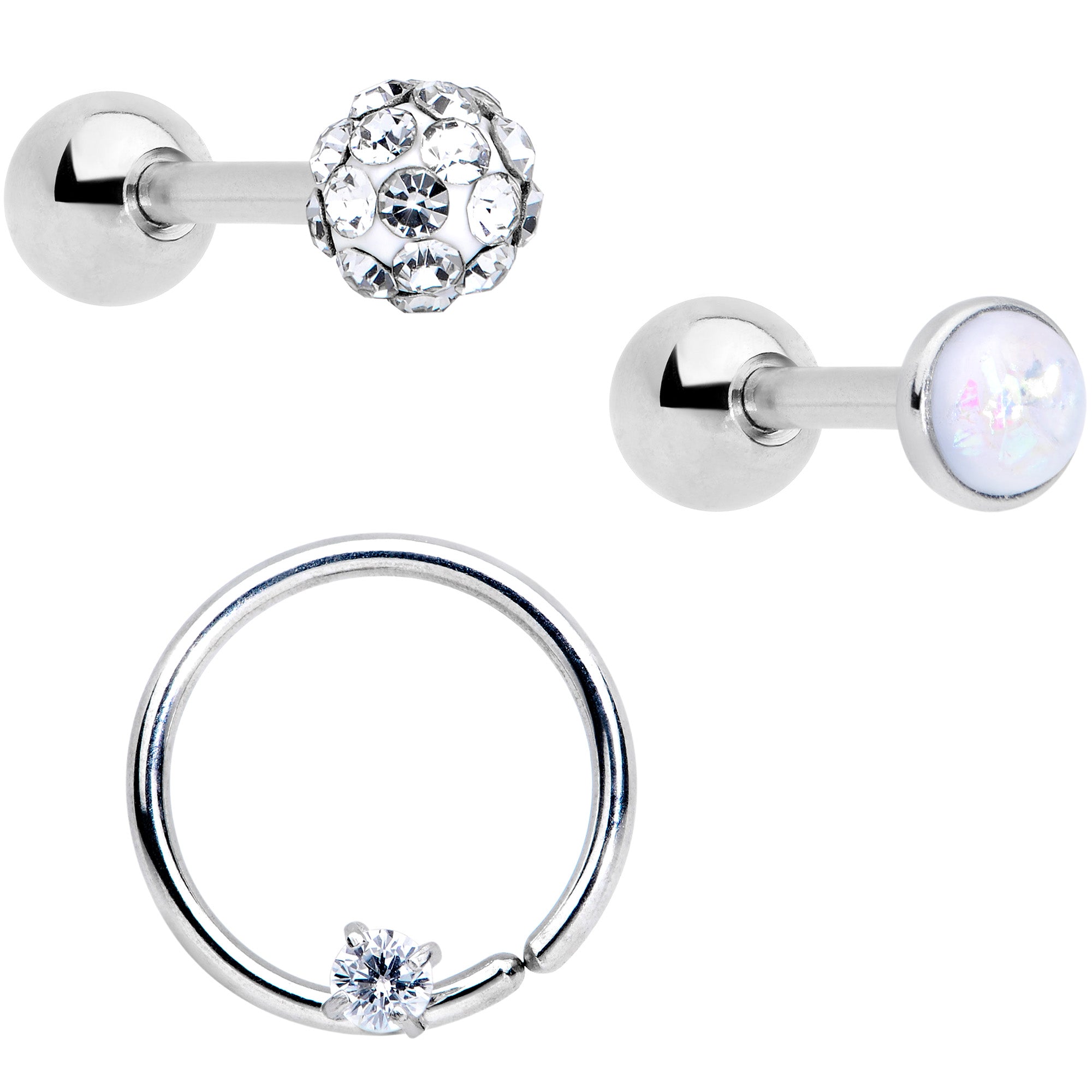 16 Gauge 1/4 5/16 Clear CZ Gem Cartilage Tragus Earring Set of 3