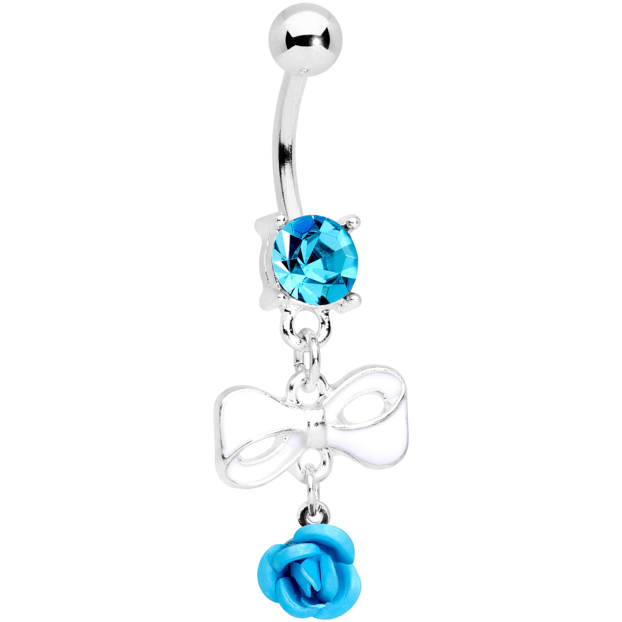 Aqua Gem Bow Rose Flower Dangle Belly Ring