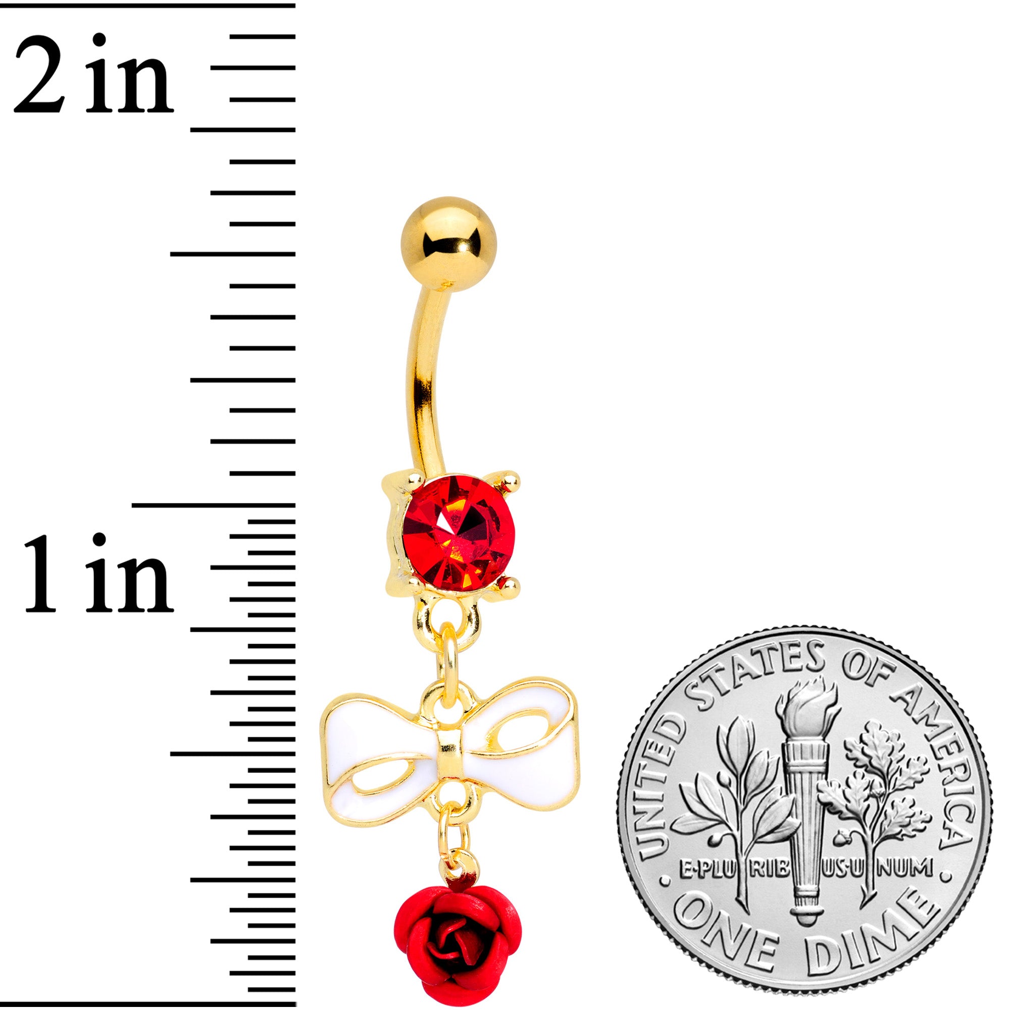 Red Gem Gold Tone Bow Rose Flower Dangle Belly Ring