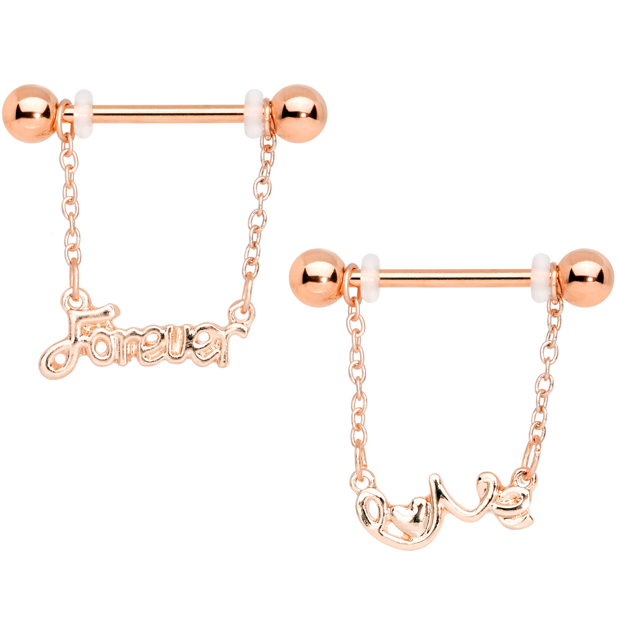 14 Gauge 1/2 Rose Gold Tone Love Forever Chain Dangle Nipple Ring Set