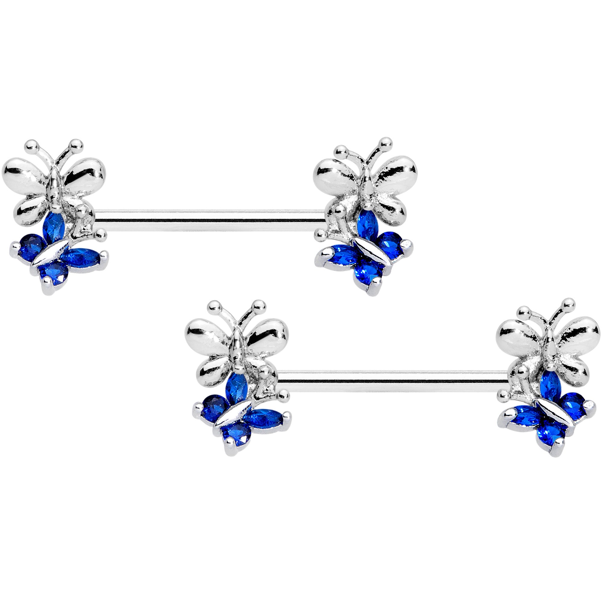 14 Gauge 1/2 Dark Blue CZ Gem Butterfly Barbell Nipple Ring Set