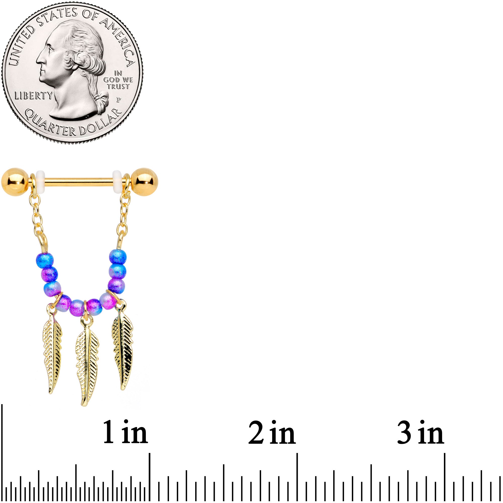 14 Gauge 1/2 Gold Tone Blue Purple Bead Feather Dangle Nipple Ring Set