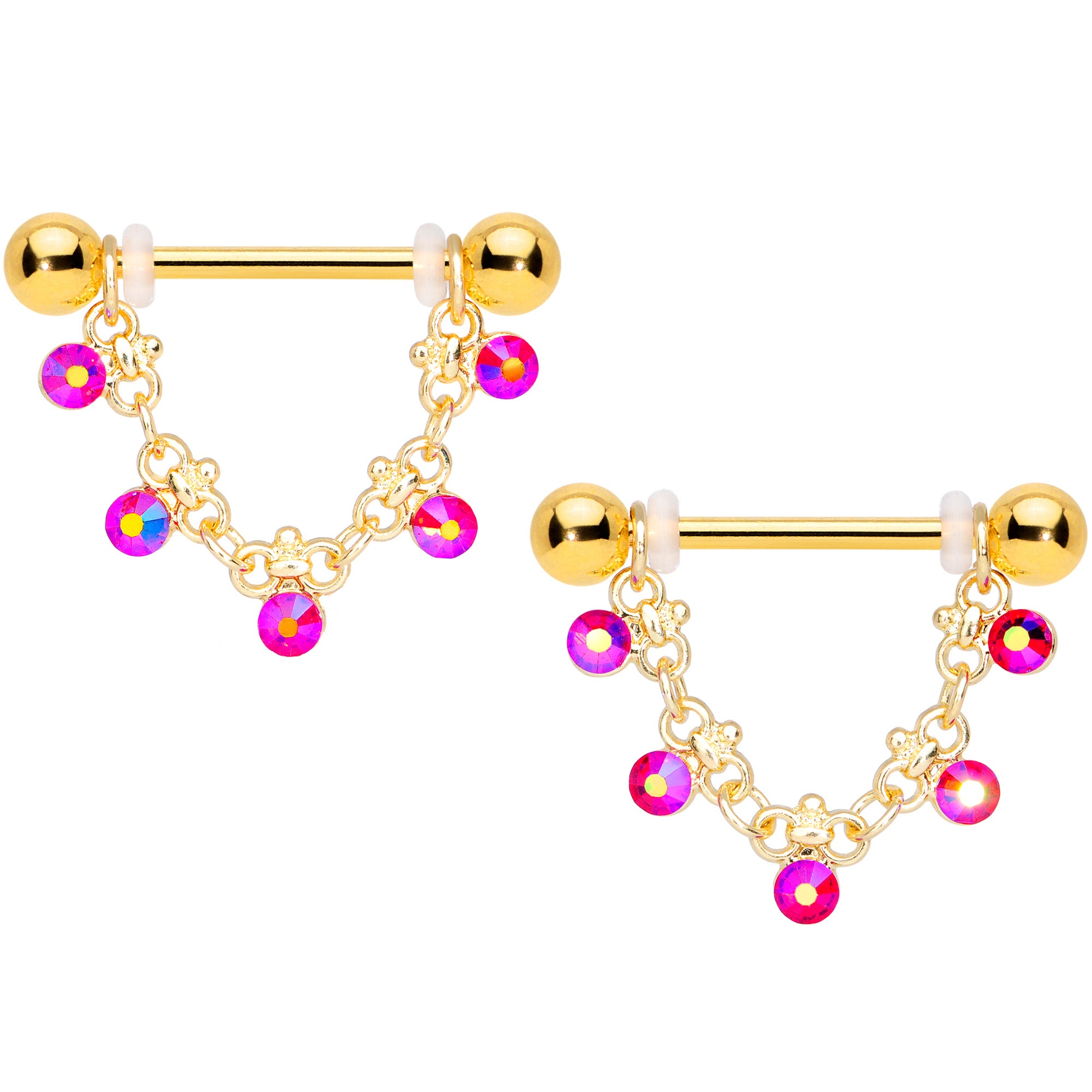 14 Gauge 3/4 Aurora Gem Gold Tone Chain Dangle Nipple Ring Set