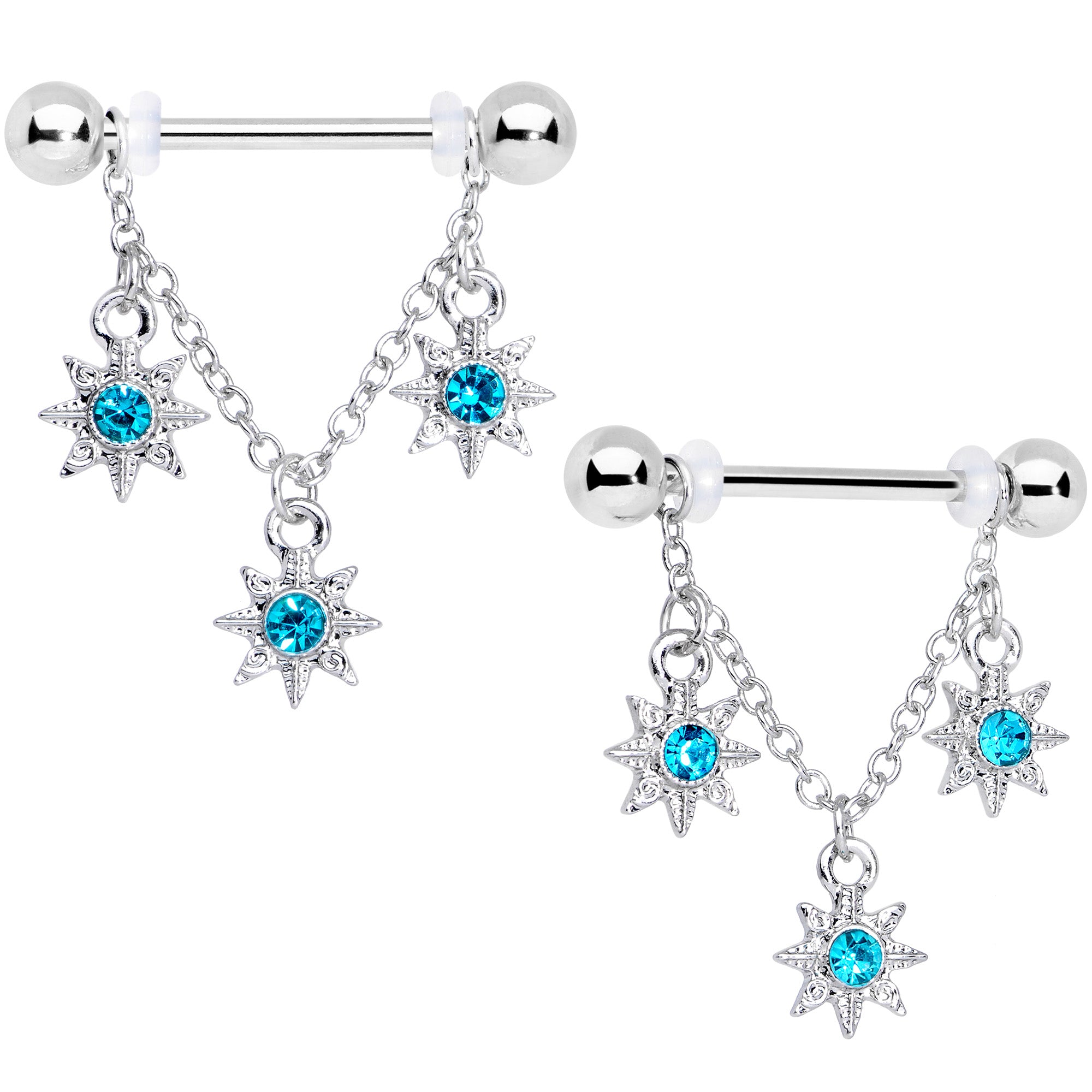 14 Gauge 1/2 Aqua Gem Trio Stars Chain Dangle Nipple Ring Set