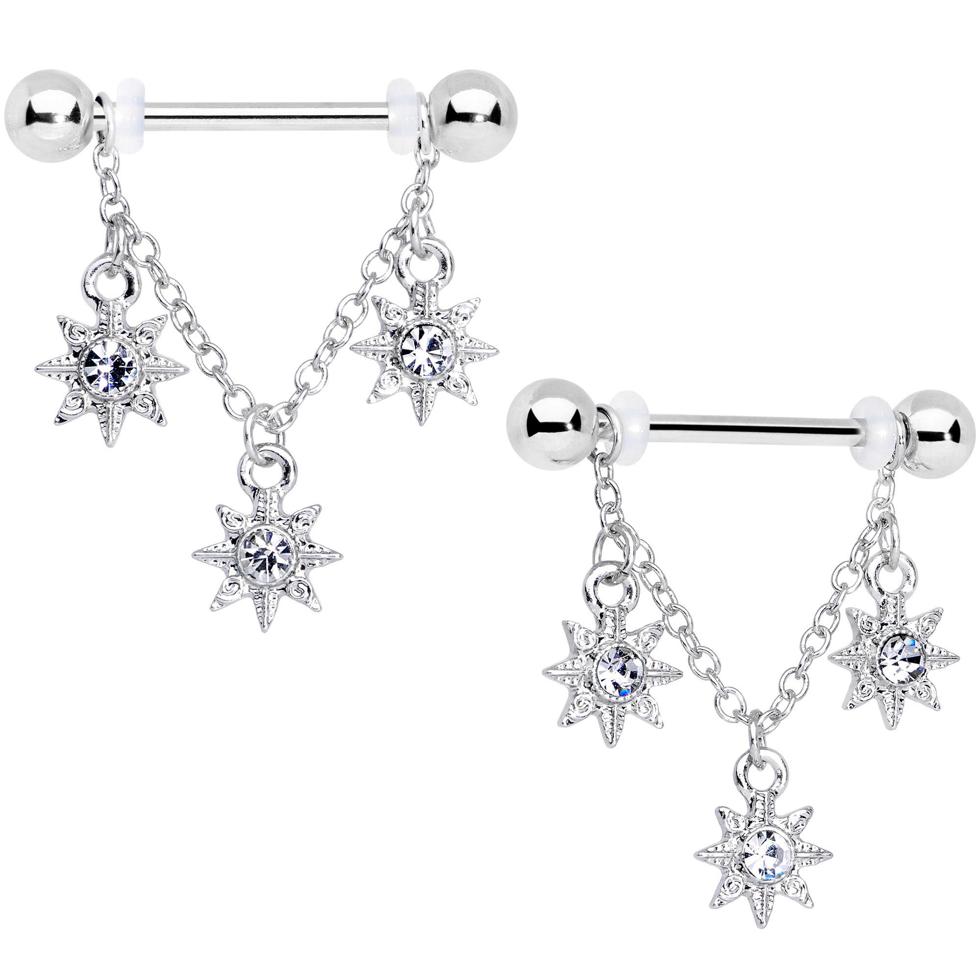 14 Gauge 1/2 Clear Gem Trio Stars Chain Dangle Nipple Ring Set