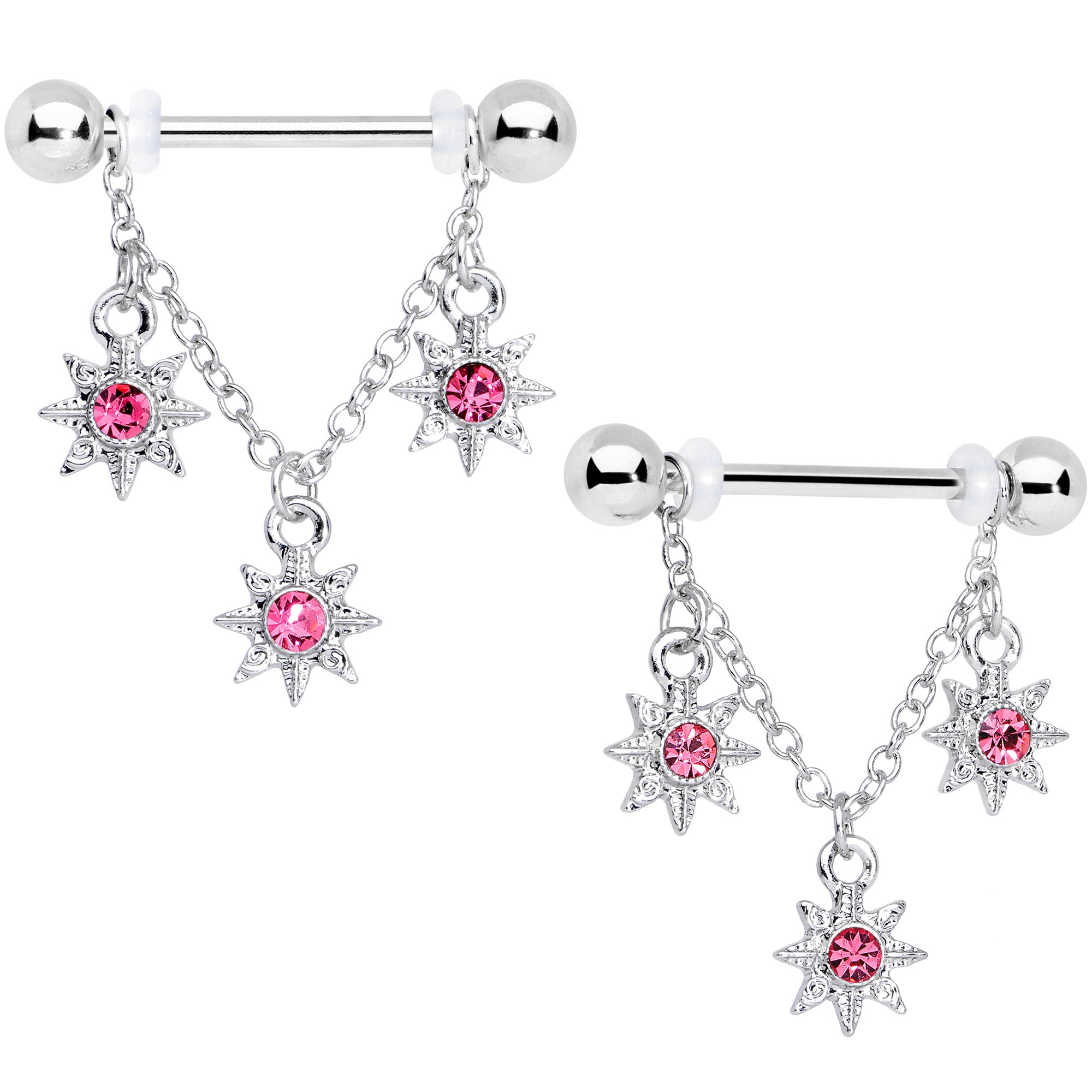 14 Gauge 1/2 Pink Gem Trio Stars Chain Dangle Nipple Ring Set