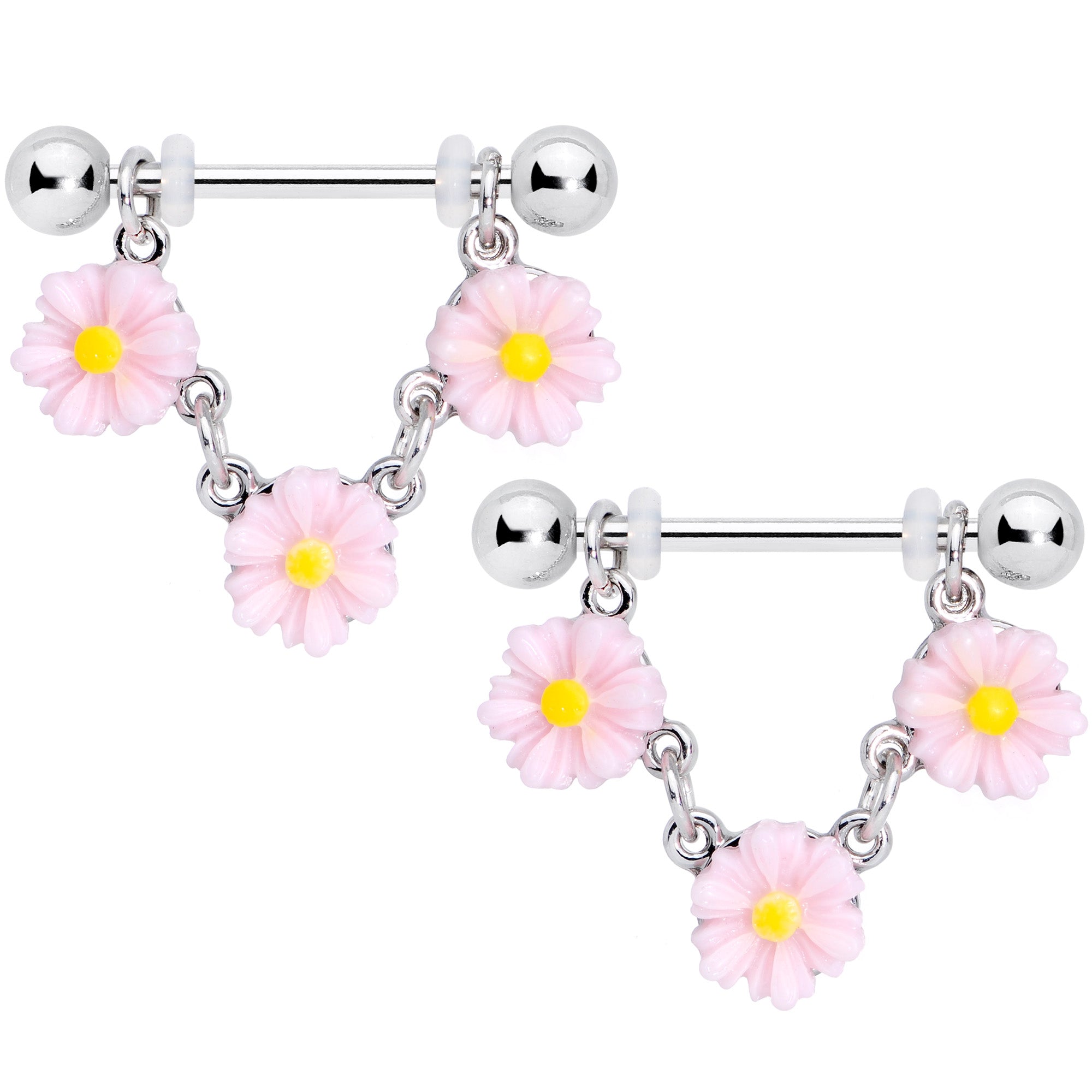 14 Gauge 18mm Pink Yellow Flower Cluster Chain Dangle Nipple Ring Set