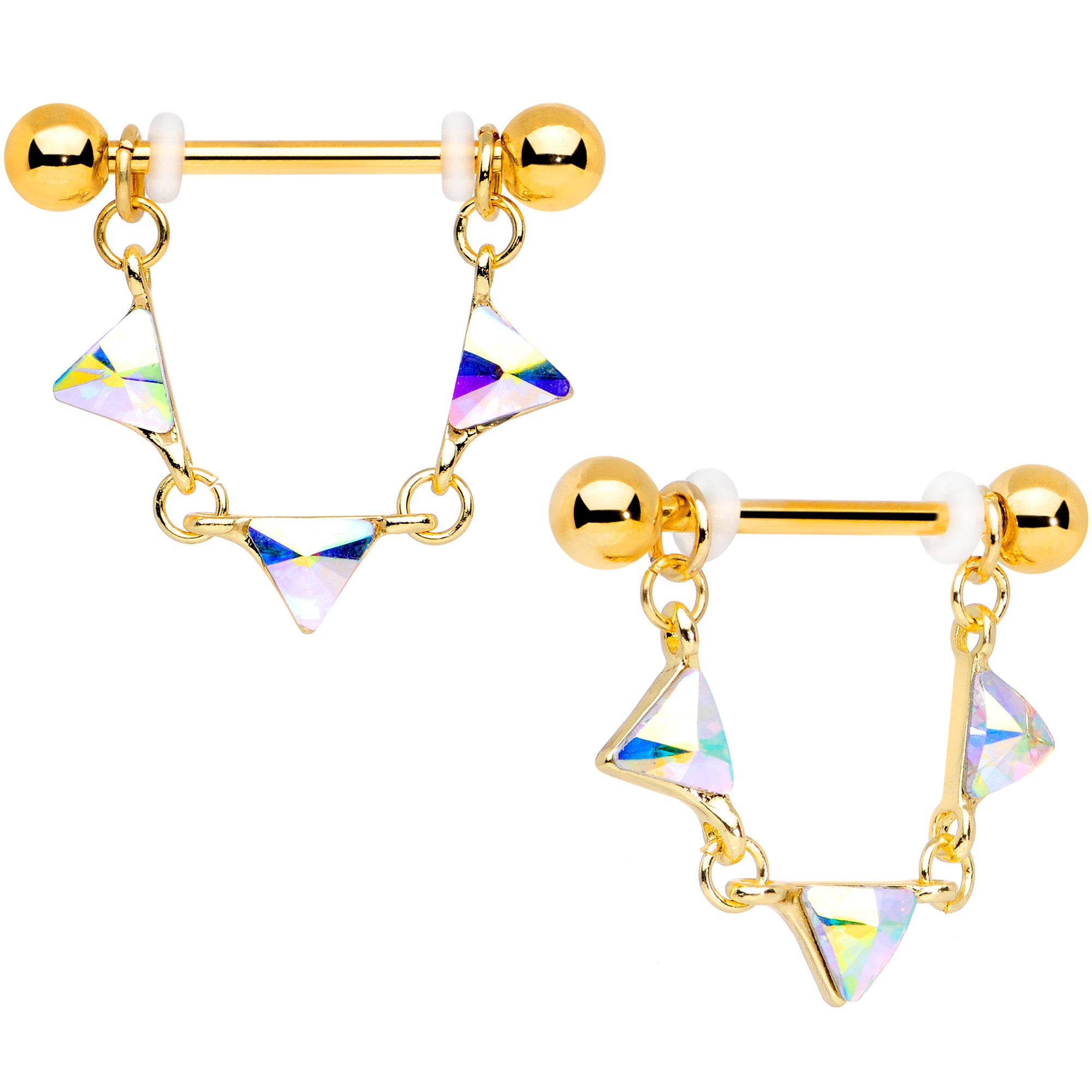 14 Gauge 3/4 Aurora Gem Gold Tone Triangle Dangle Nipple Ring Set