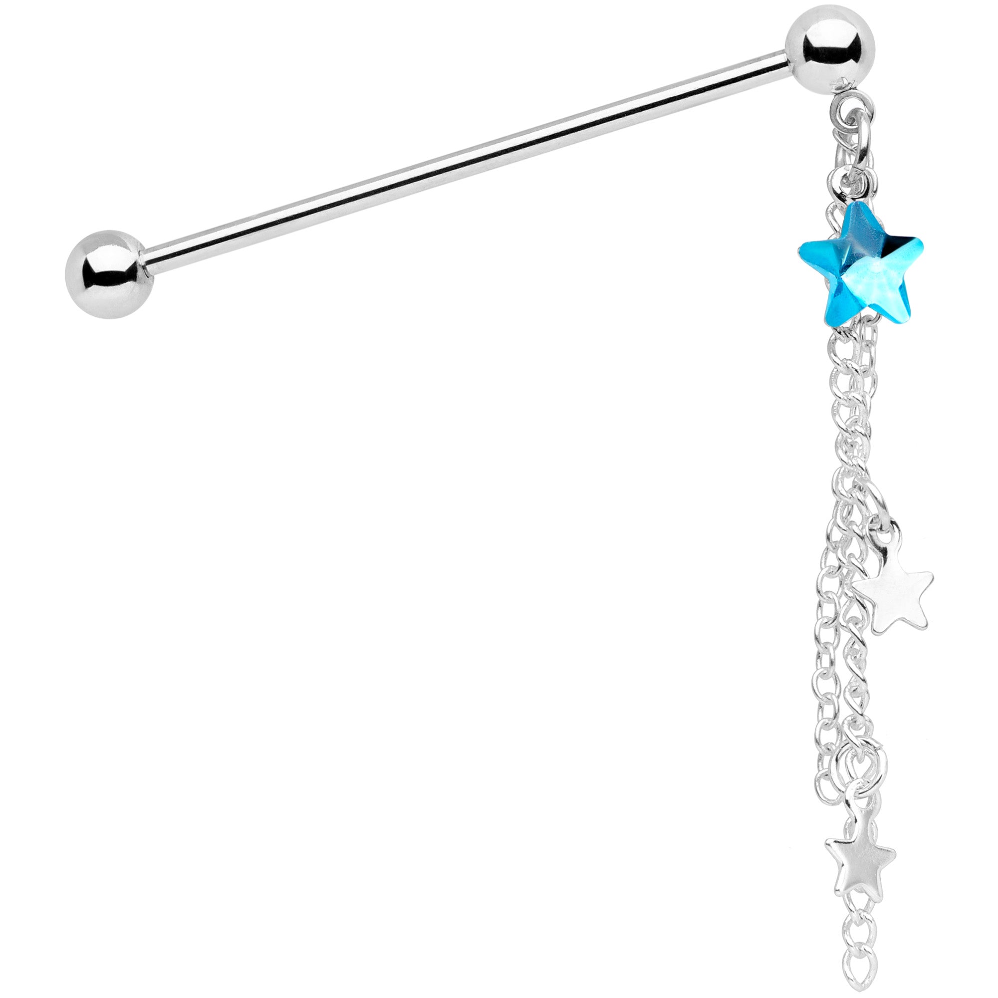 14 Gauge Aqua Gem Stars Dangle Industrial Barbell 38mm