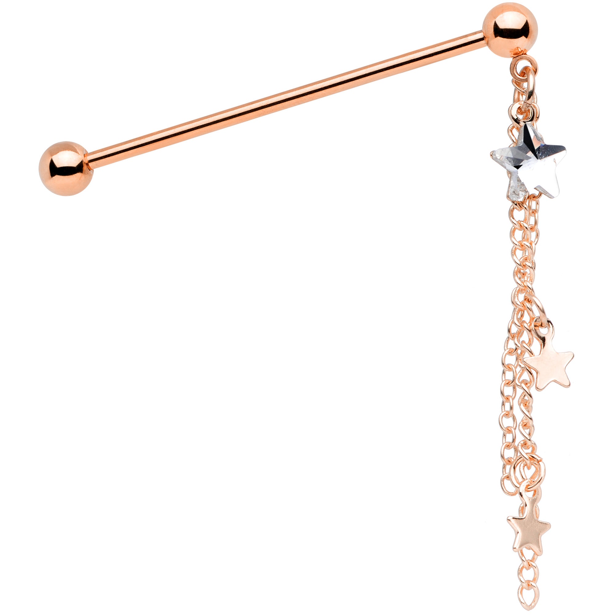 14 Gauge Clear Gem Rose Gold Tone Stars Dangle Industrial Barbell 38mm