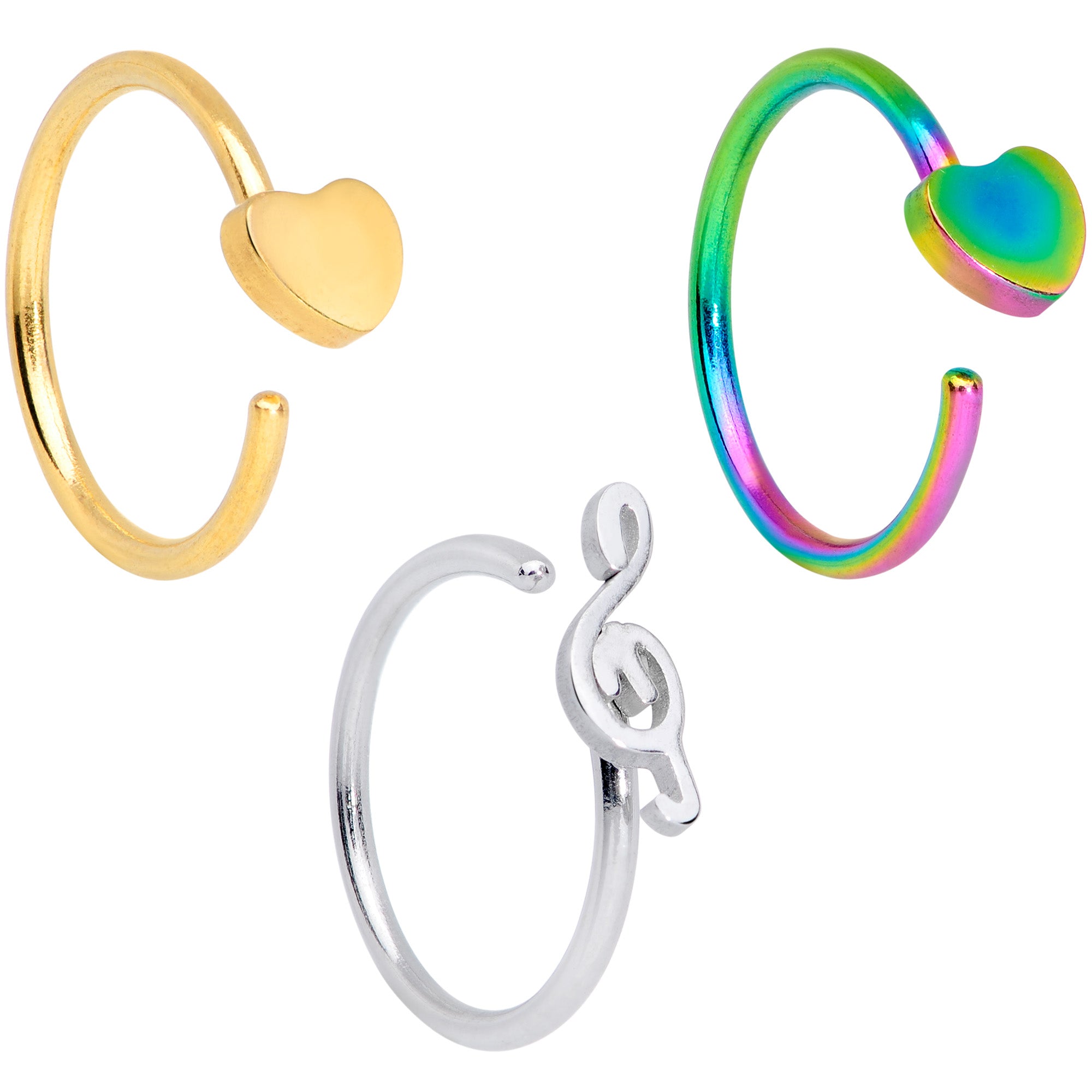 20 Gauge 5/16 Gold Rainbow Plated Heart Music Nose Hoop Set of 3