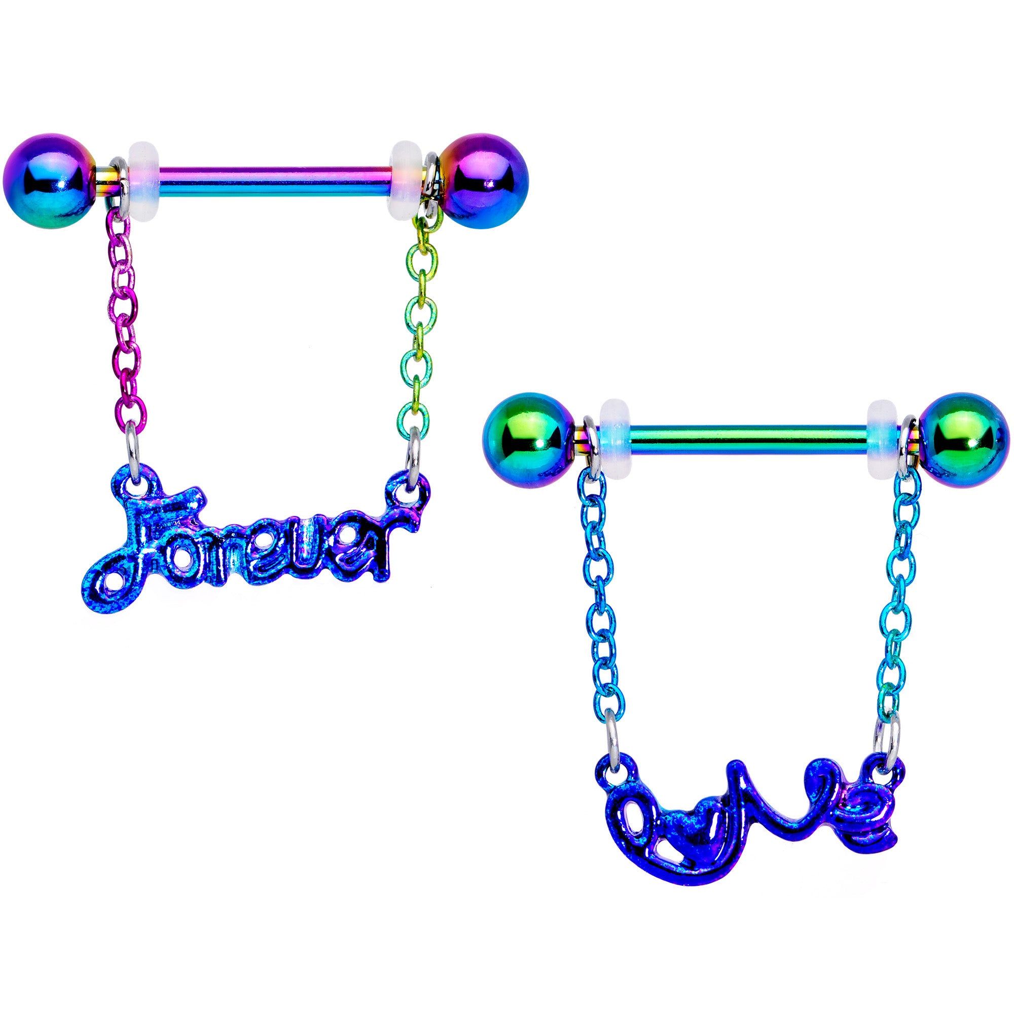 14 Gauge 18mm Rainbow Love Forever Chain Dangle Nipple Ring Set