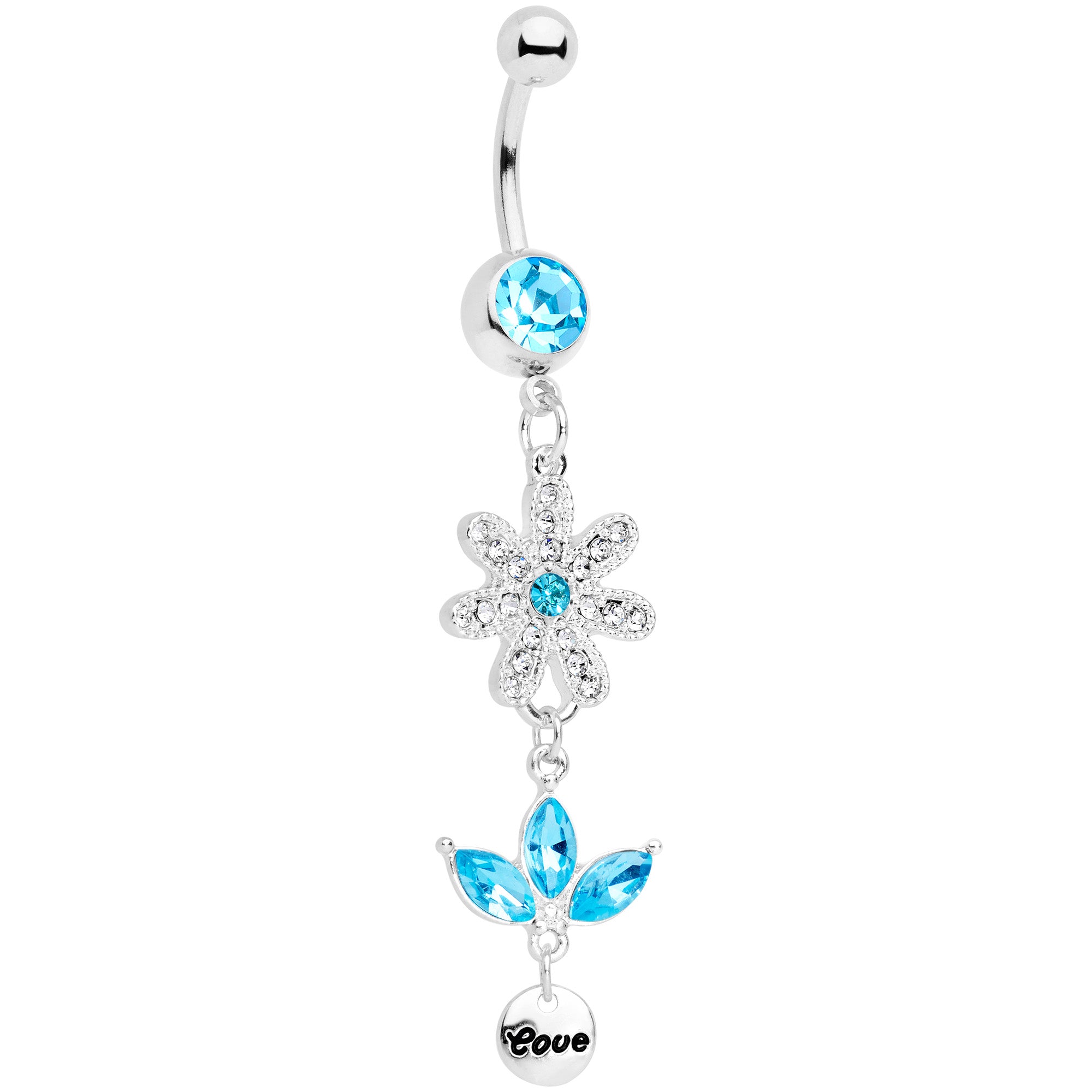 Aqua Gem Flower Leaves Love Dangle Belly Ring