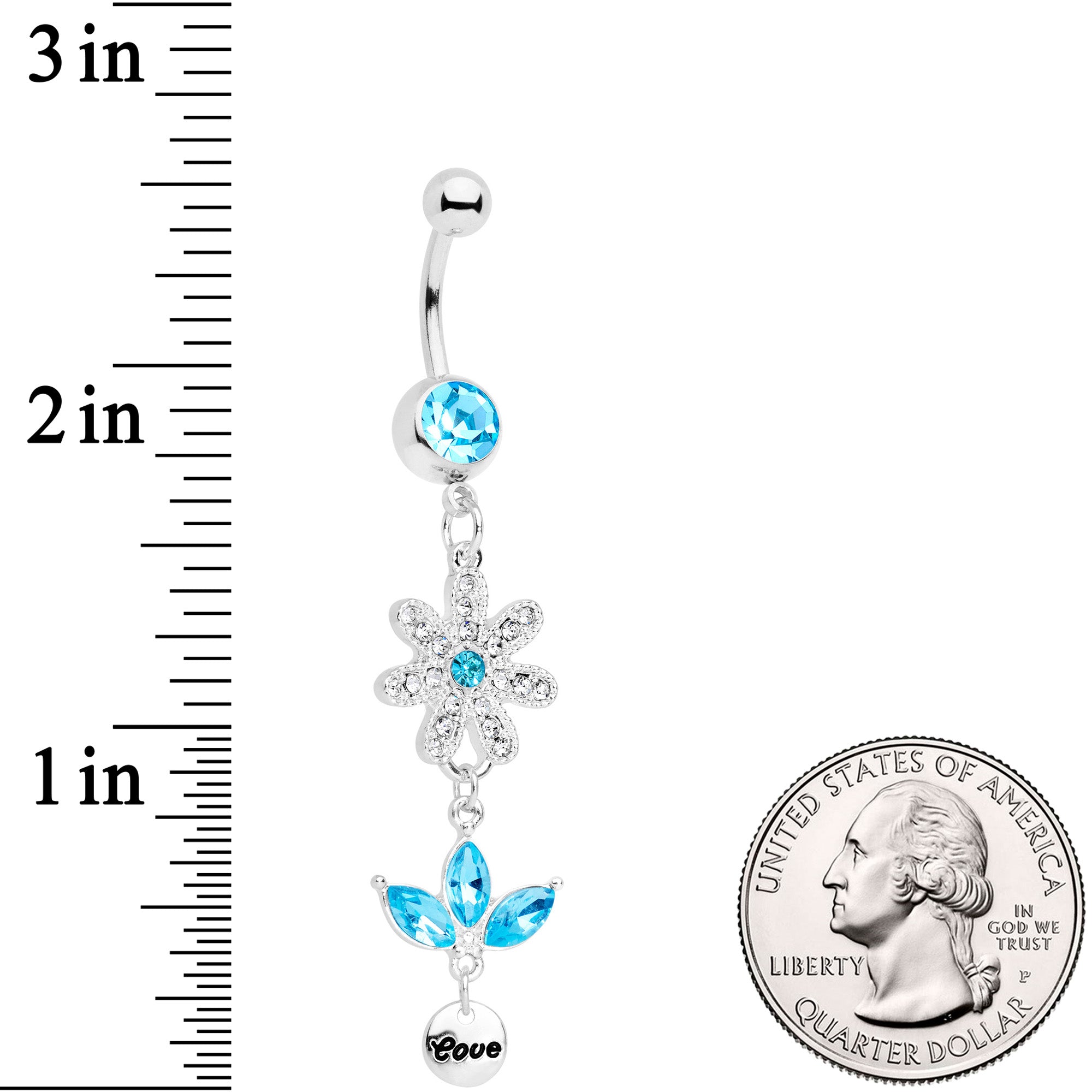 Aqua Gem Flower Leaves Love Dangle Belly Ring