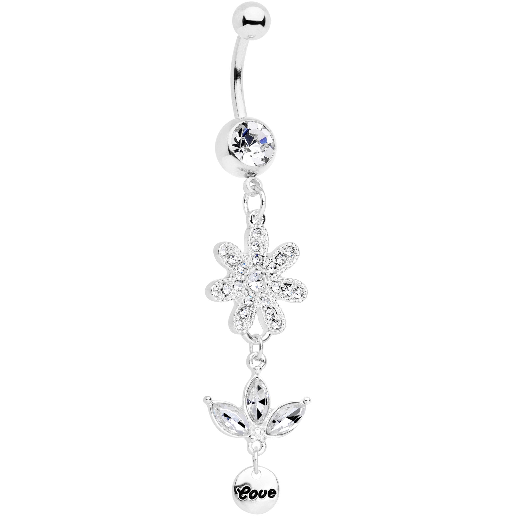 Clear Gem Flower Leaves Love Dangle Belly Ring