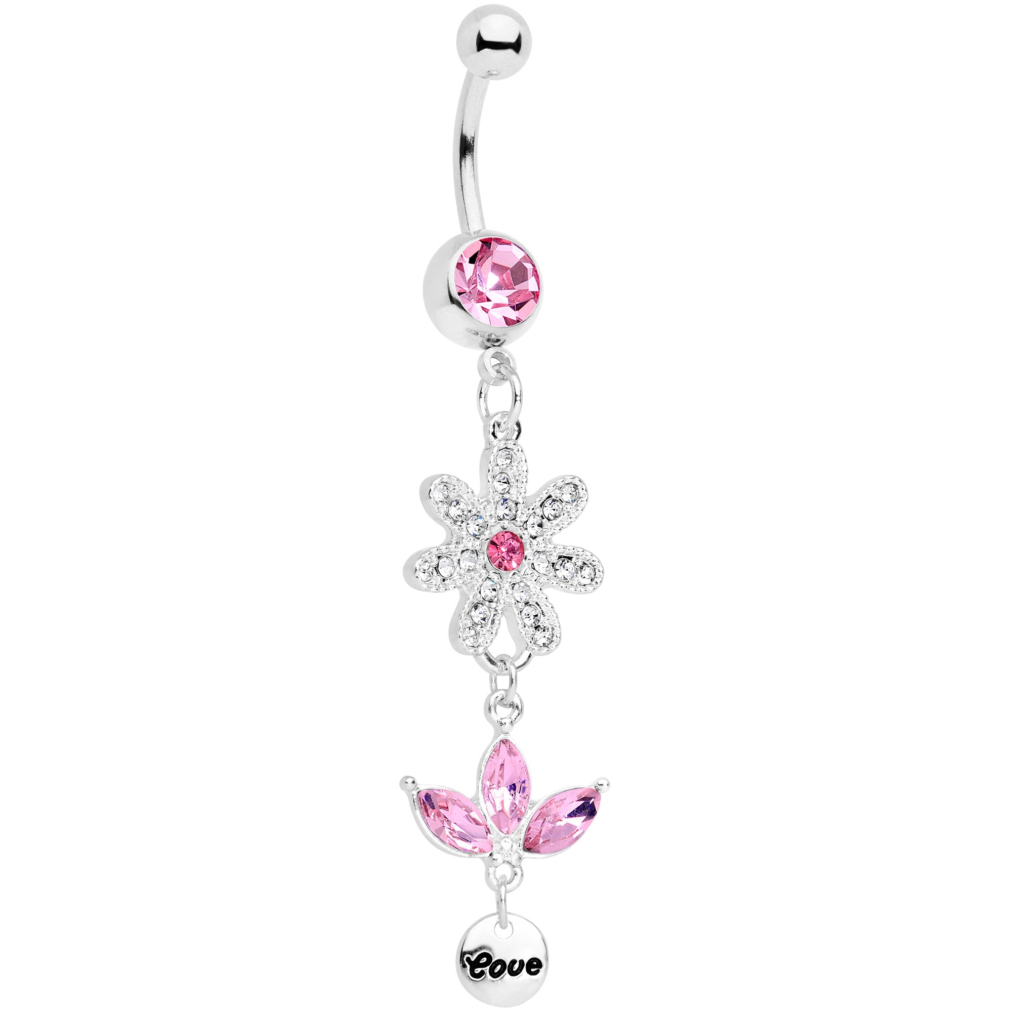 Pink Gem Flower Leaves Love Dangle Belly Ring