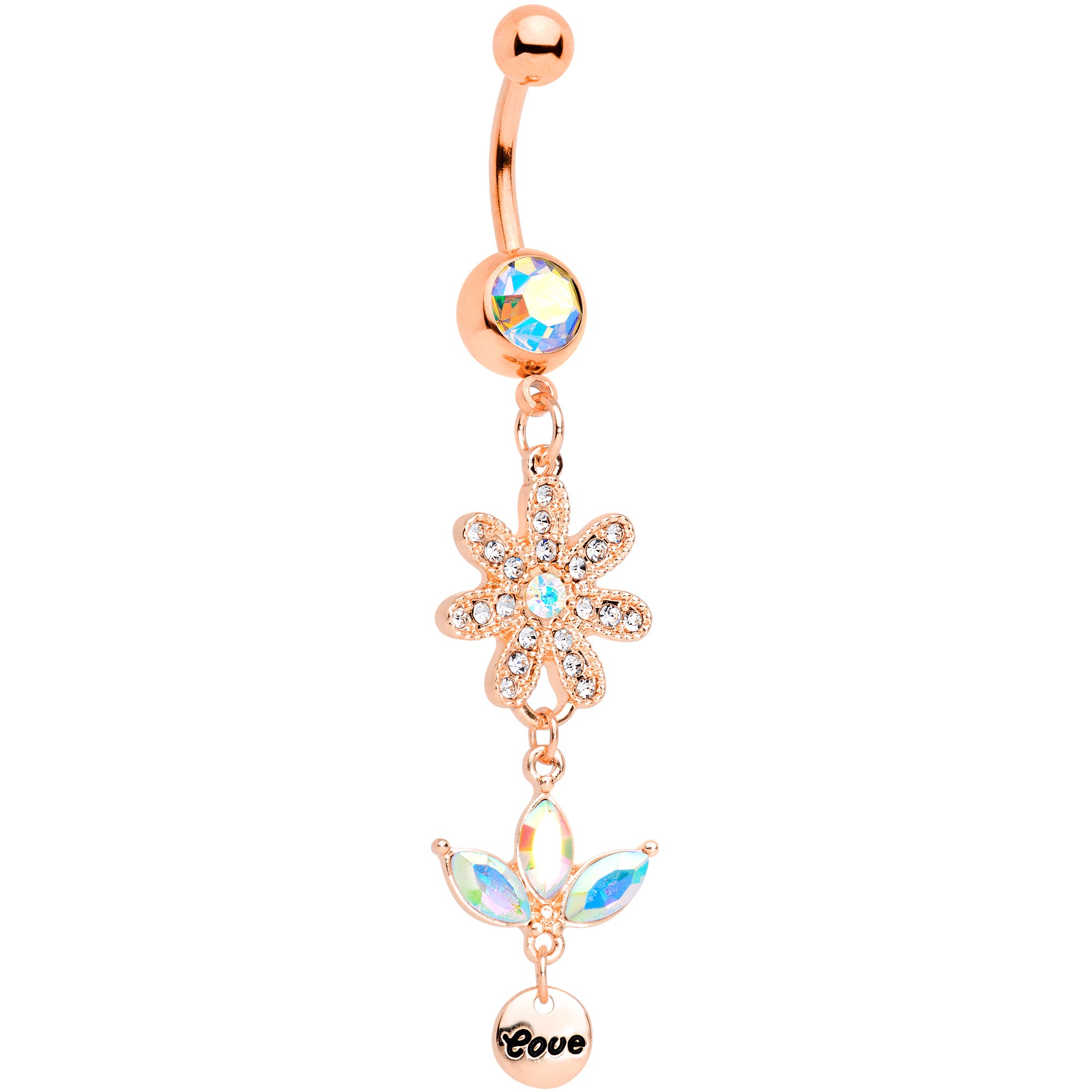 Aurora Gem Rose Gold Tone Flower Leaves Love Dangle Belly Ring