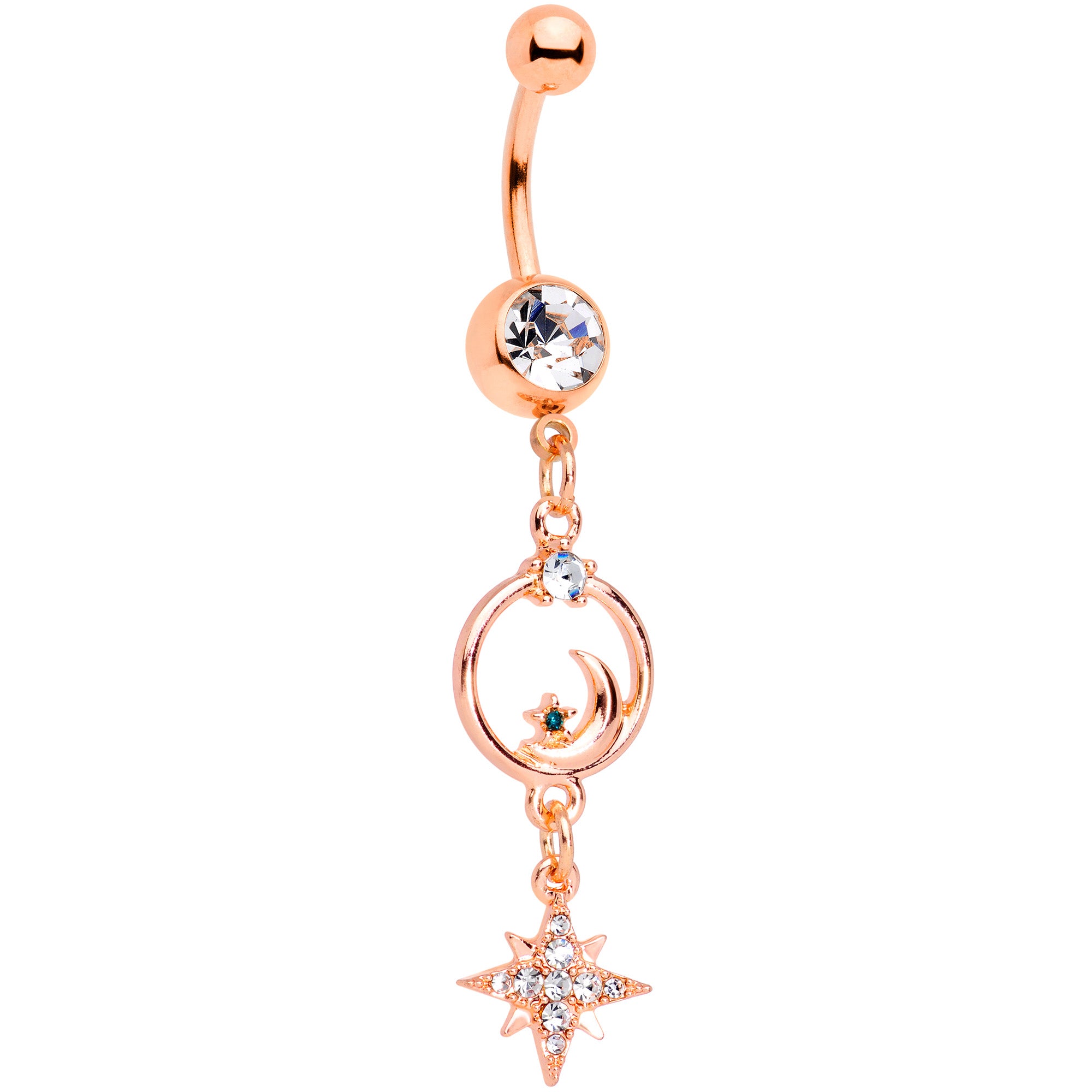 Clear Gem Rose Gold Tone Starry Moon Dangle Belly Ring