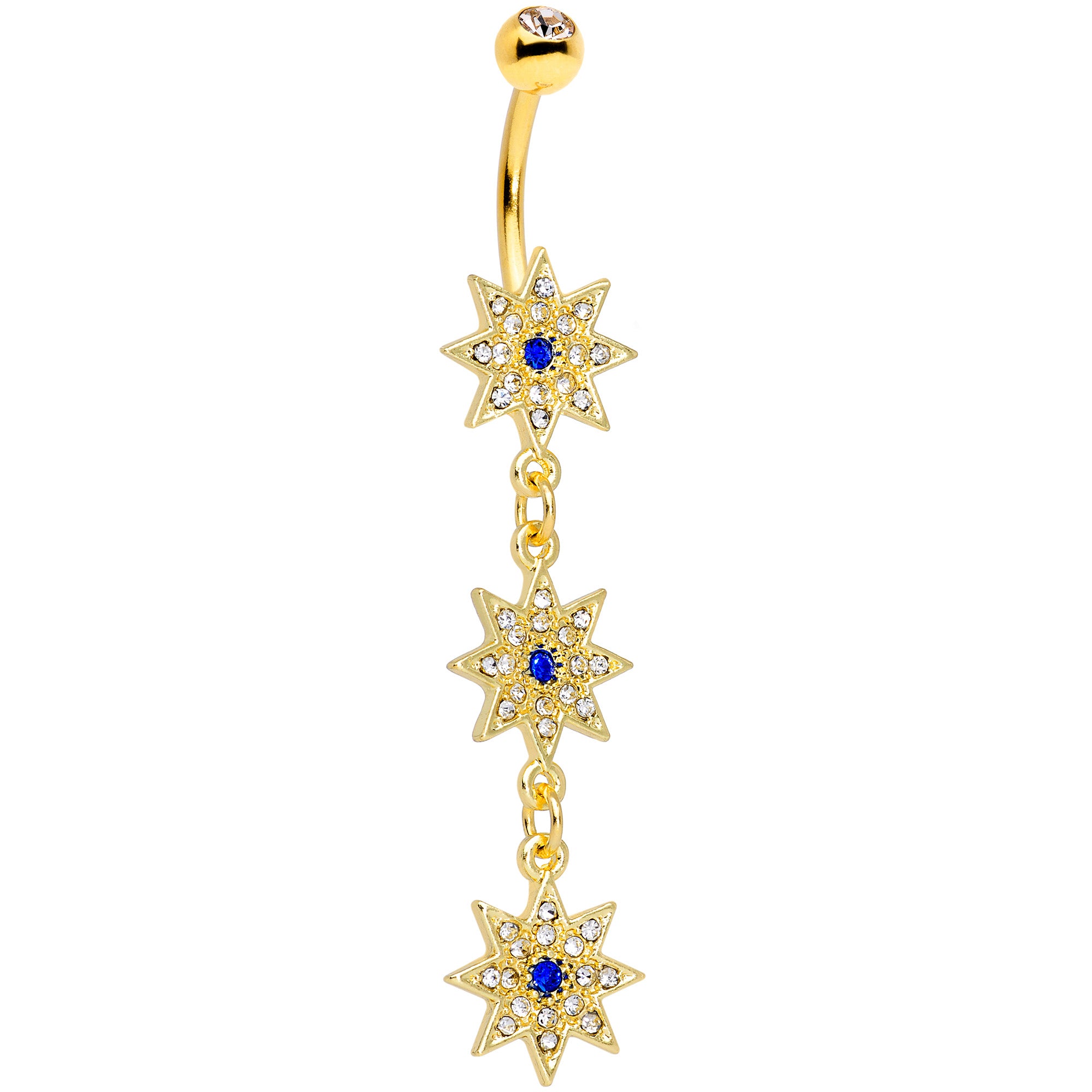 Clear Blue Gem Gold Tone Triple Star Dangle Belly Ring