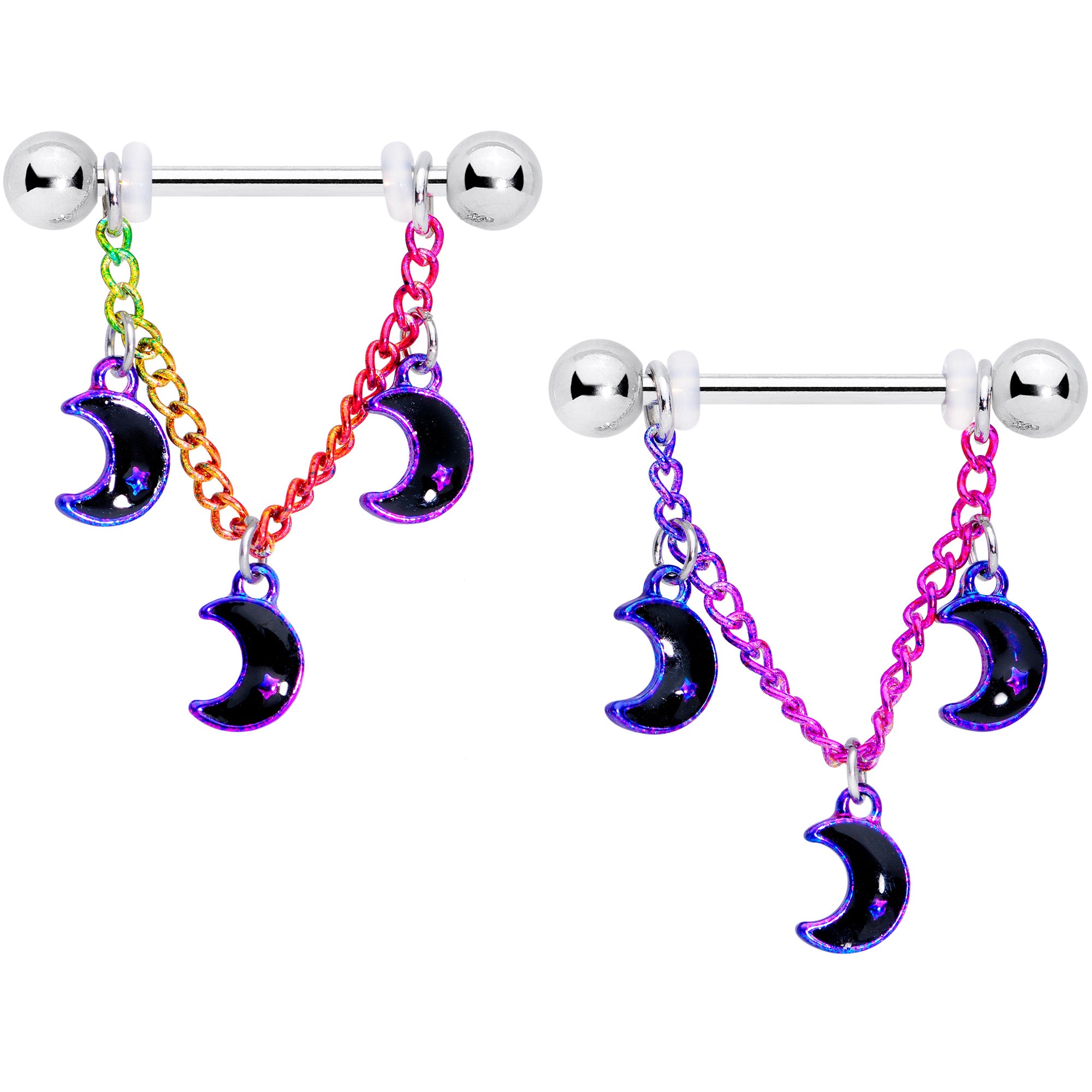 14 Gauge 11/16 Rainbow Triple Crescent Moon Dangle Nipple Ring Set