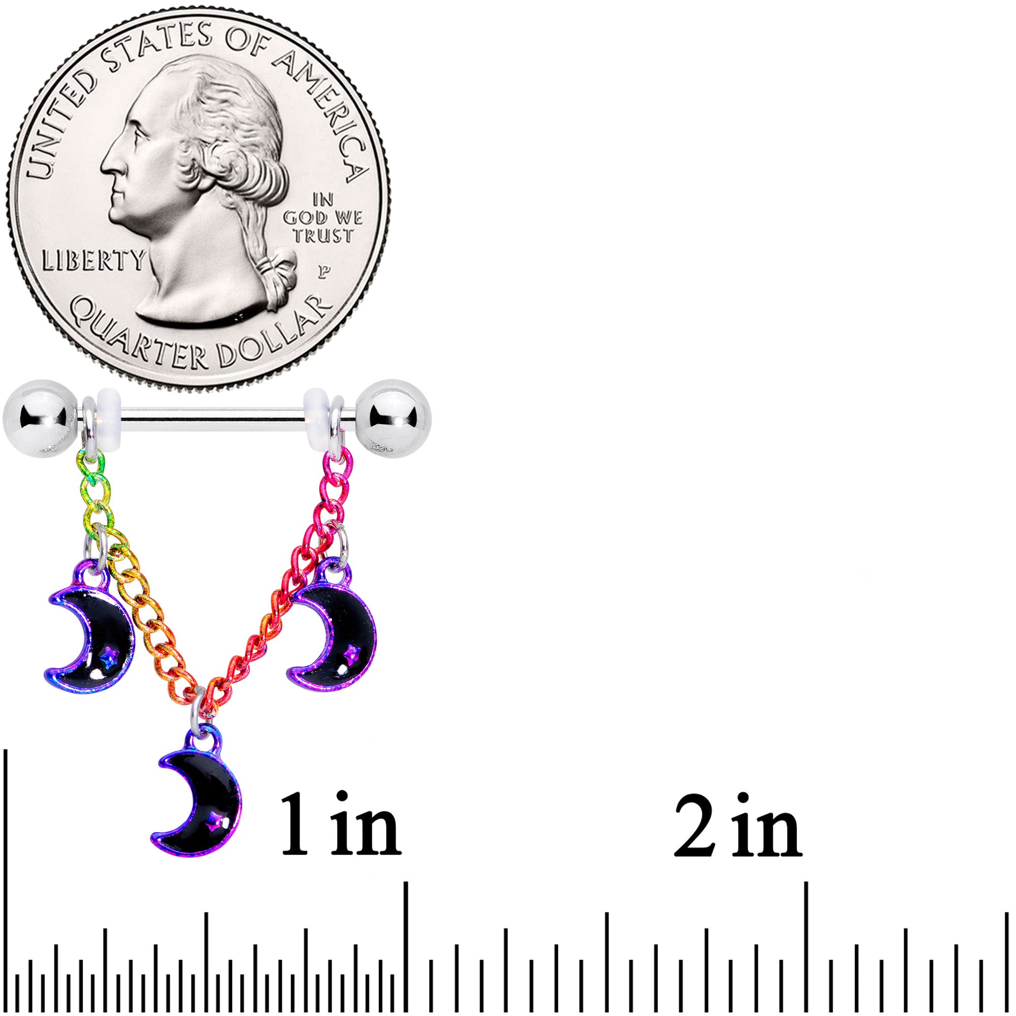 14 Gauge 11/16 Rainbow Triple Crescent Moon Dangle Nipple Ring Set