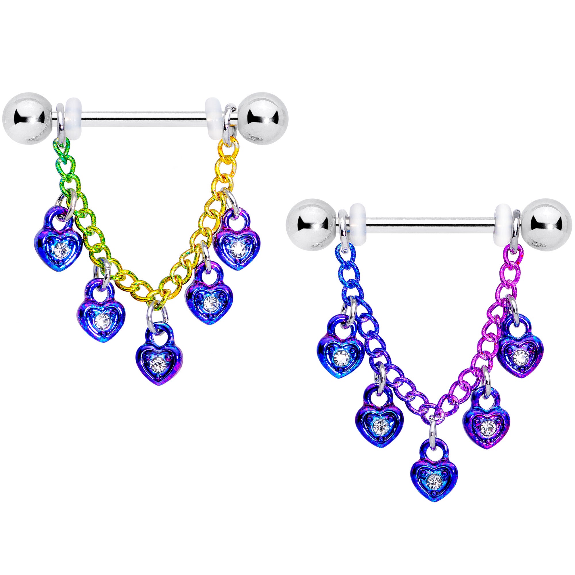 14 Gauge 11/16 Clear Gem Rainbow Padlock Heart Dangle Nipple Ring Set