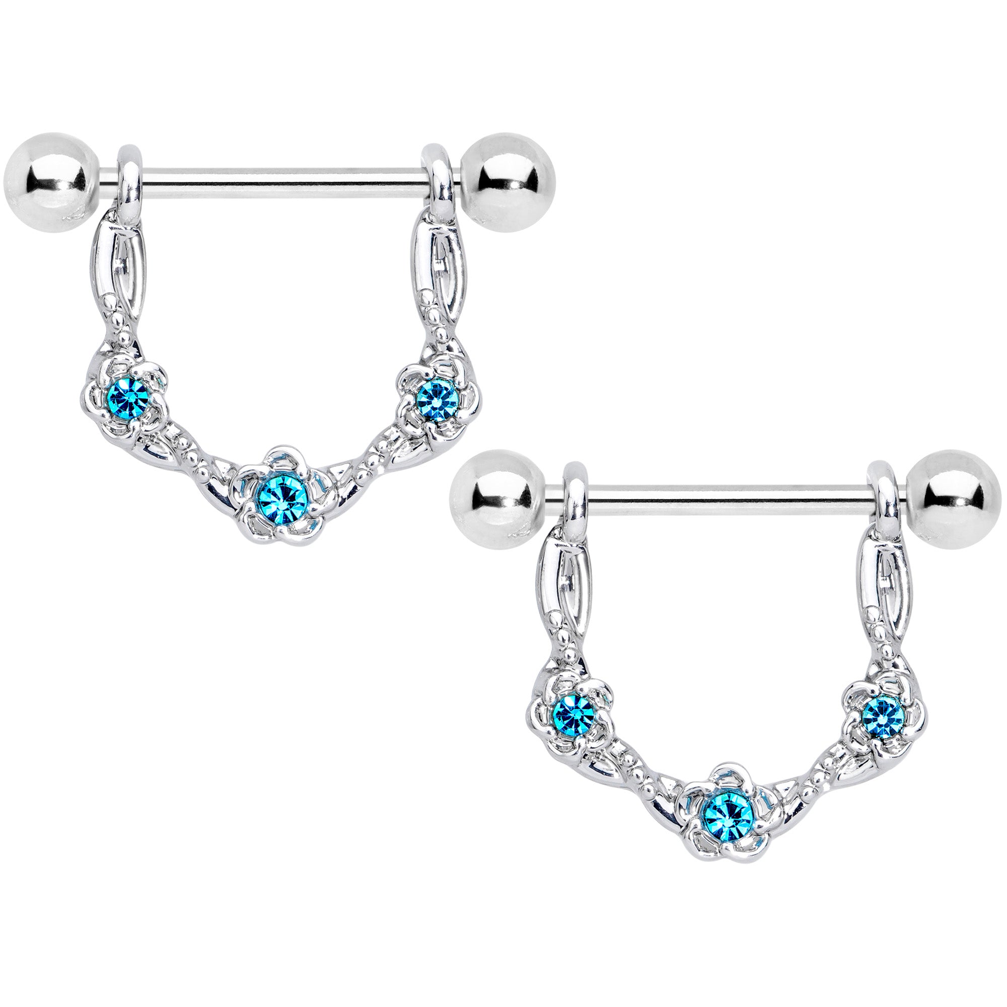 14 Gauge 3/4 Aqua Gem Knotted Flower Dangle Nipple Ring Set