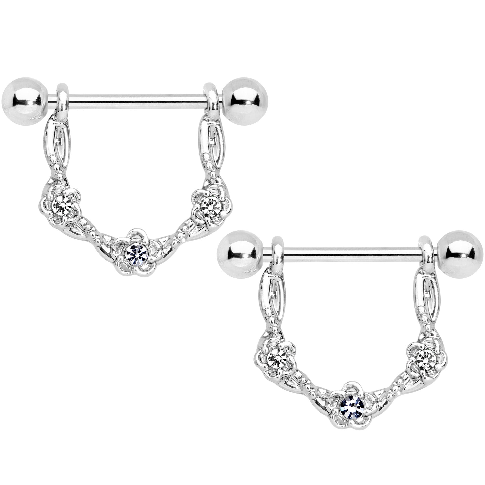 14 Gauge 3/4 Clear Gem Knotted Flower Dangle Nipple Ring Set