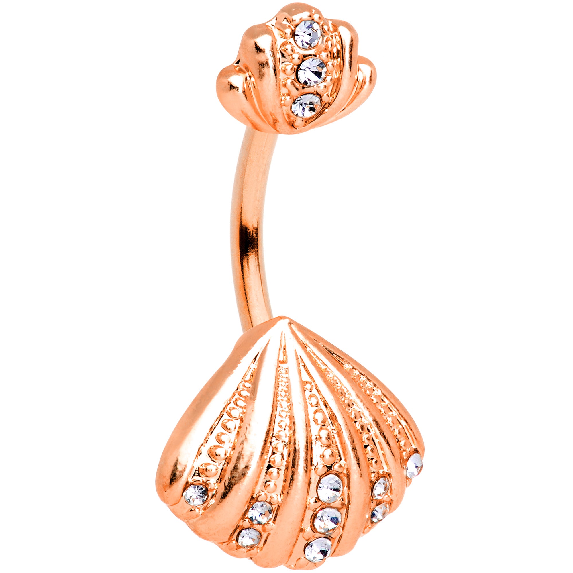 Clear Gem Rose Gold Hue Nautical Scallop Shell Double Mount Belly Ring