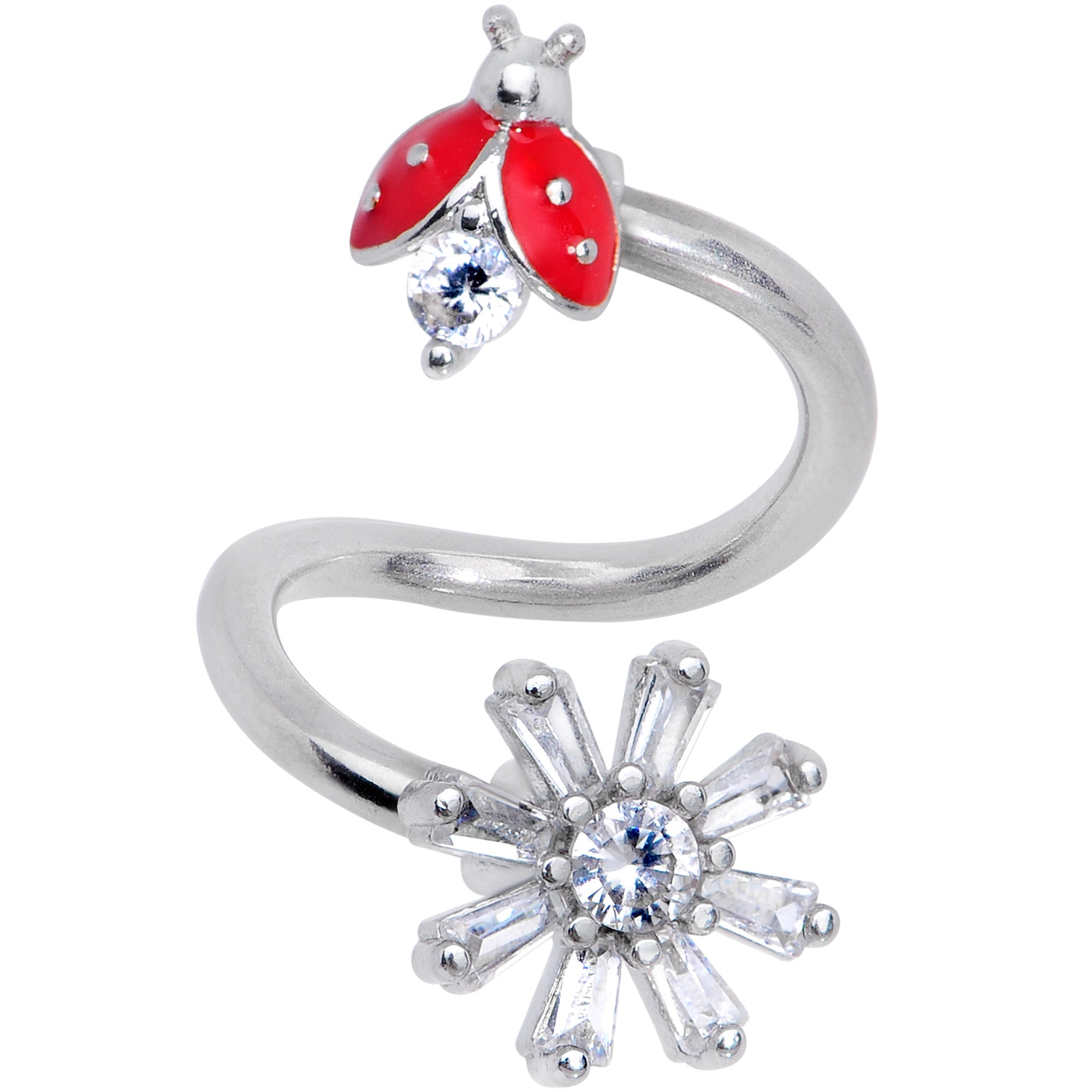 Clear CZ Gem Red Ladybug Flower Spiral Twister Belly Ring