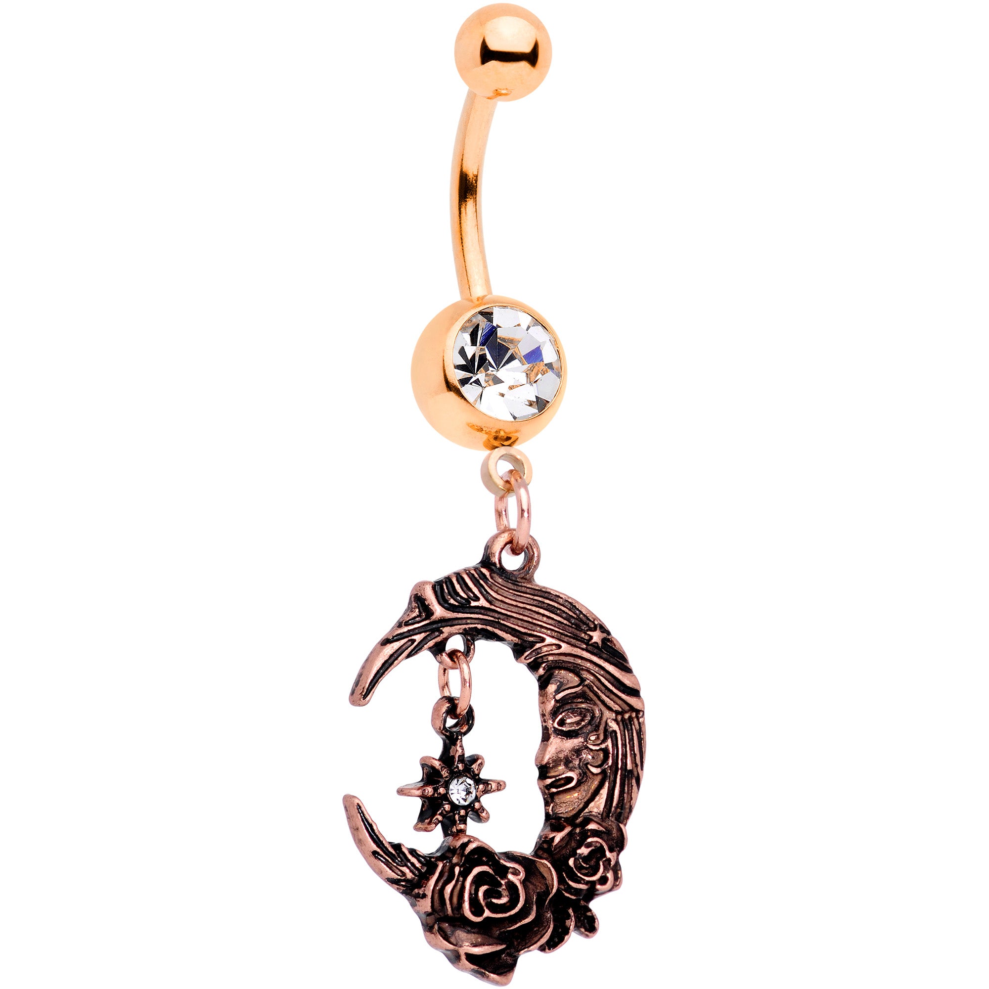 Clear Gem Rose Gold Tone Starry Moon Rose Dangle Belly Ring